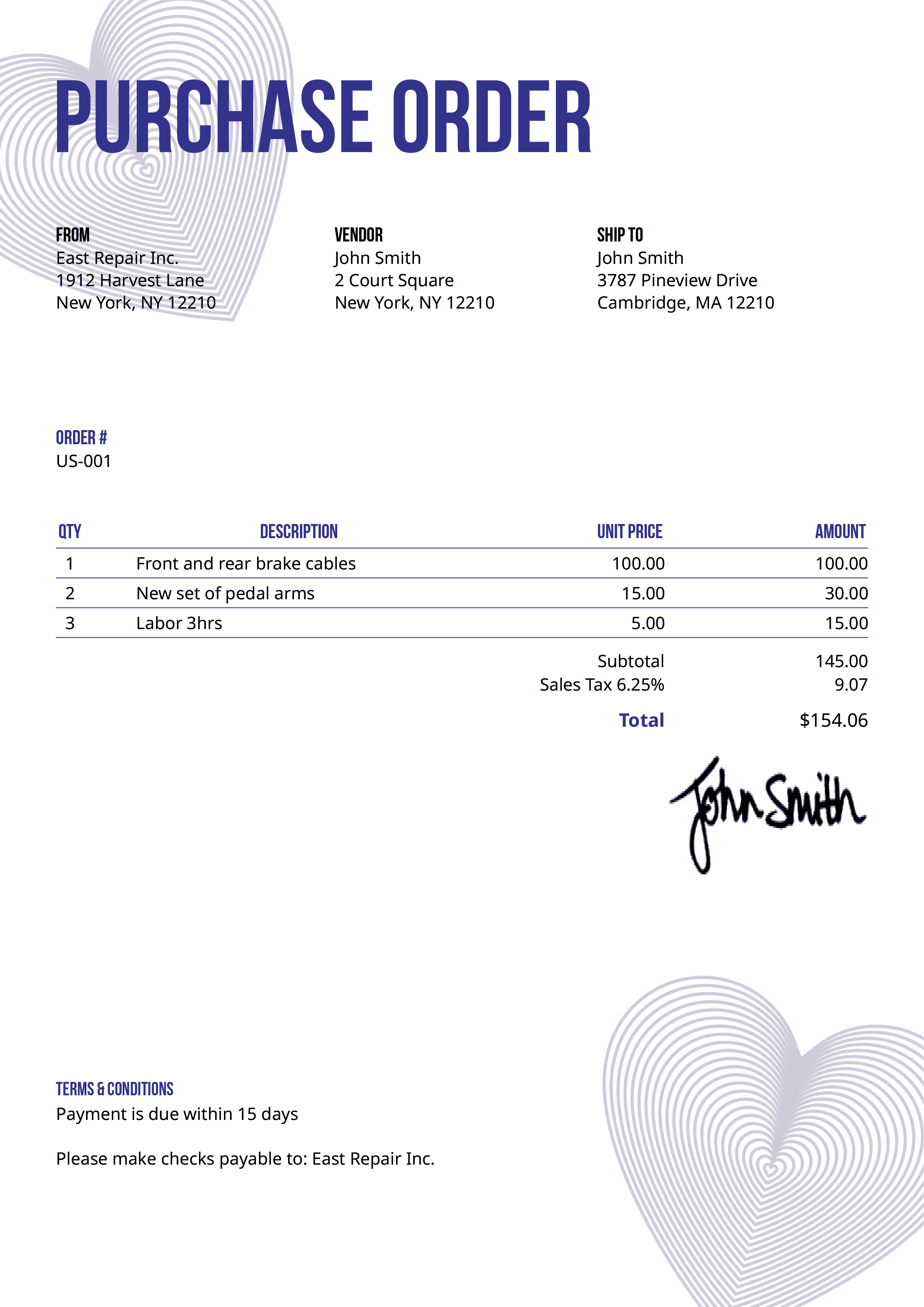 Purchase Order Template Us Hearts Purple 