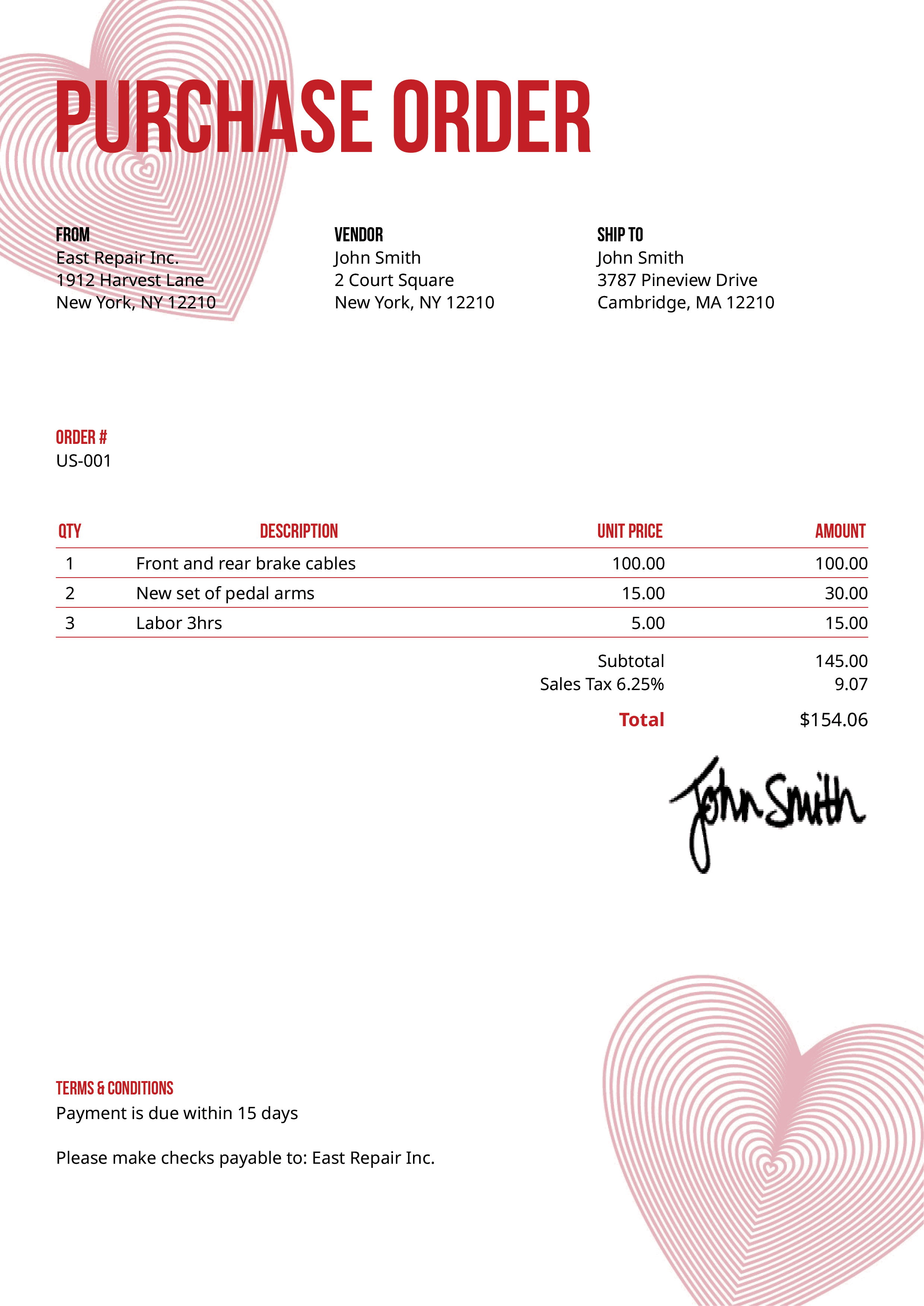 Purchase Order Template Us Hearts Red 