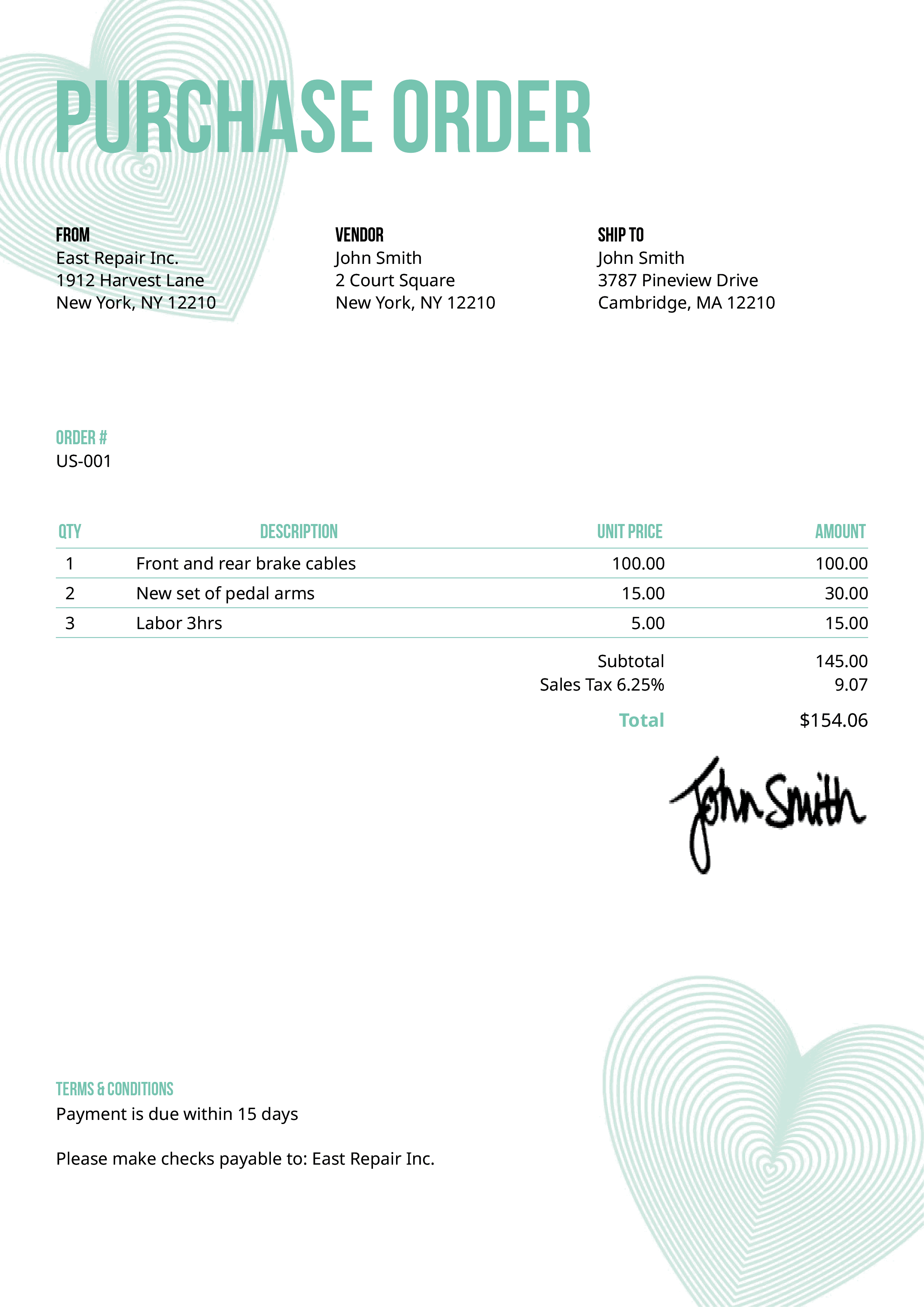Purchase Order Template Us Hearts Turquoise 