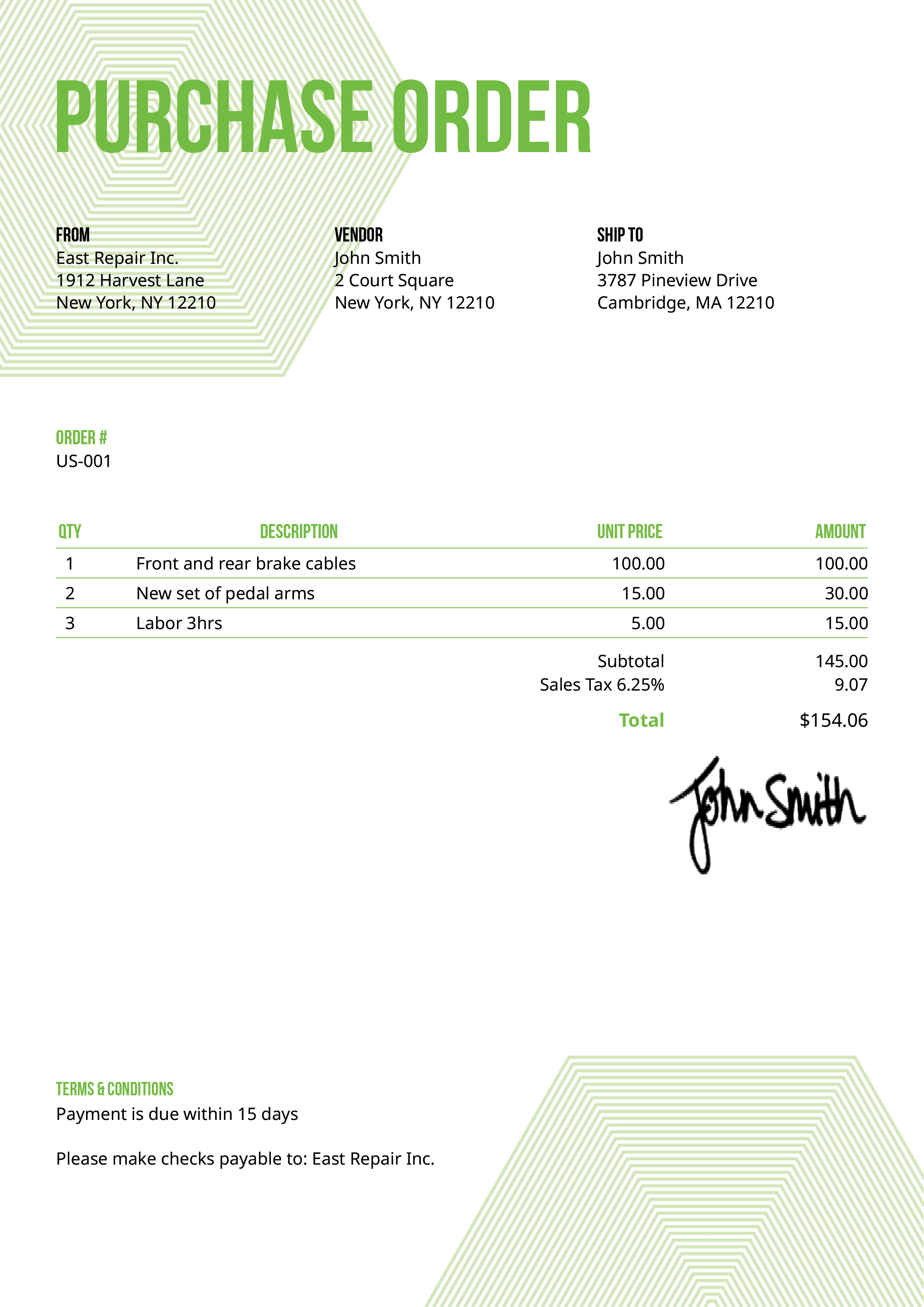 Purchase Order Template Us Hexagons Green 
