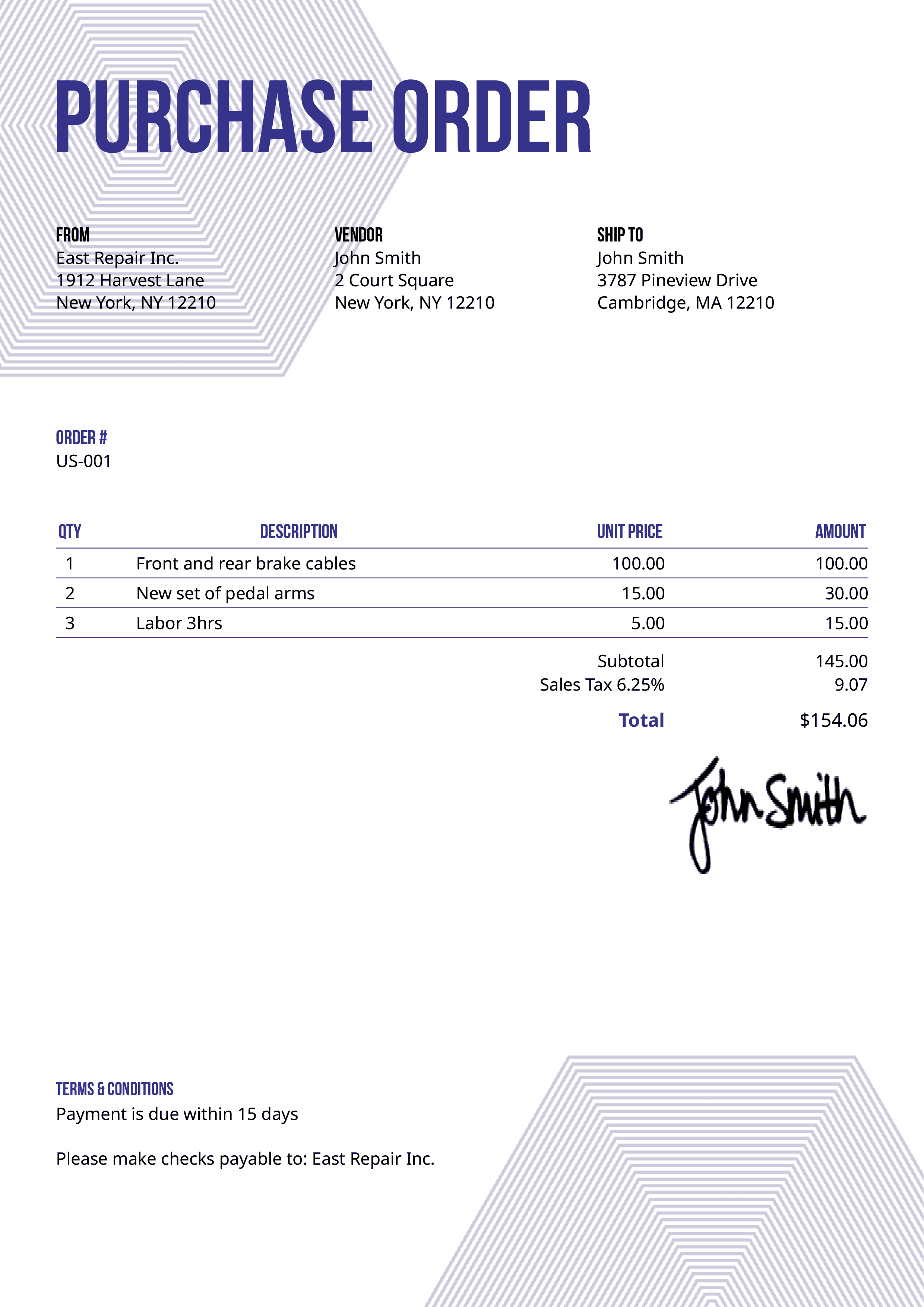 Purchase Order Template Us Hexagons Purple 