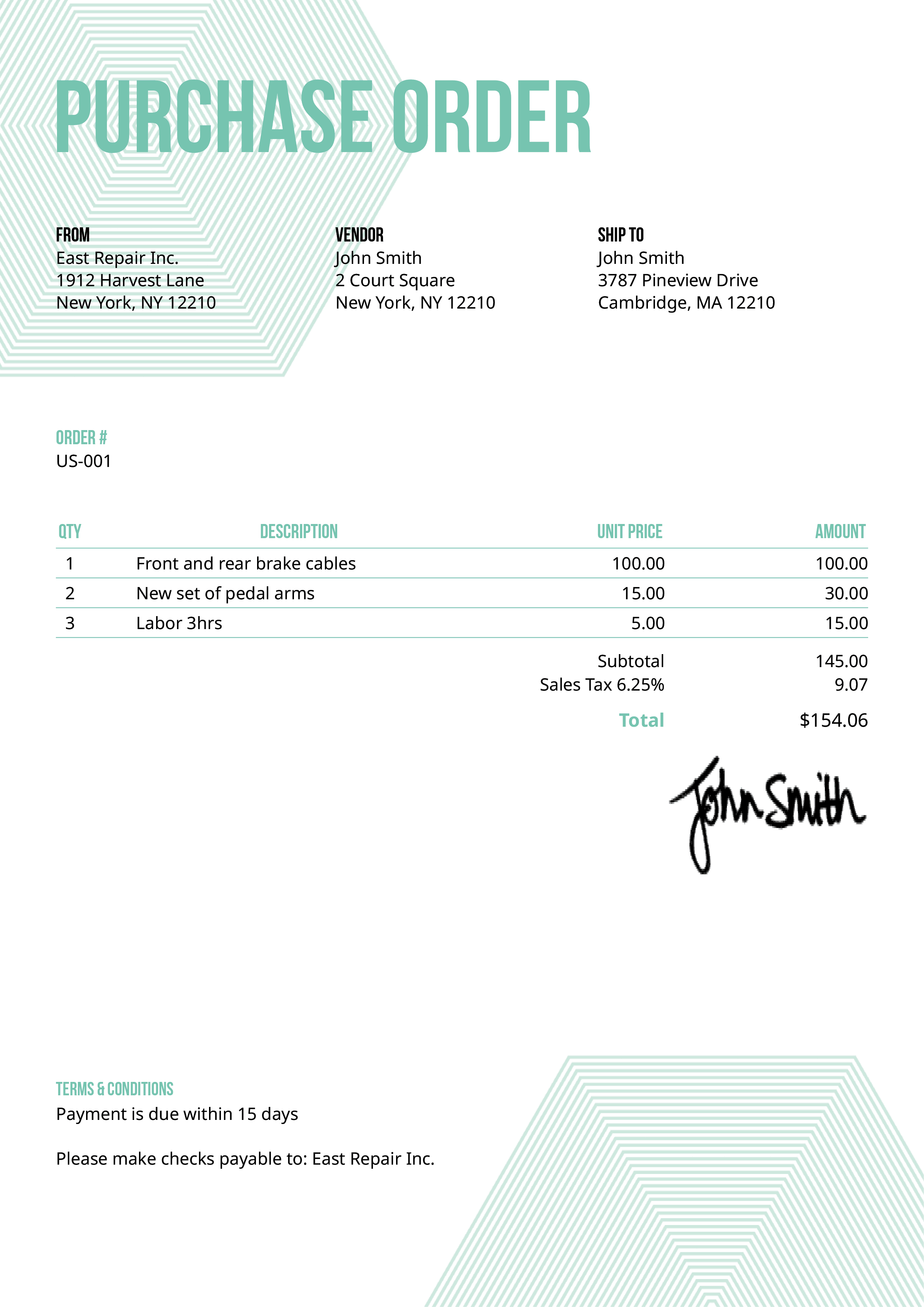 Purchase Order Template Us Hexagons Turquoise 