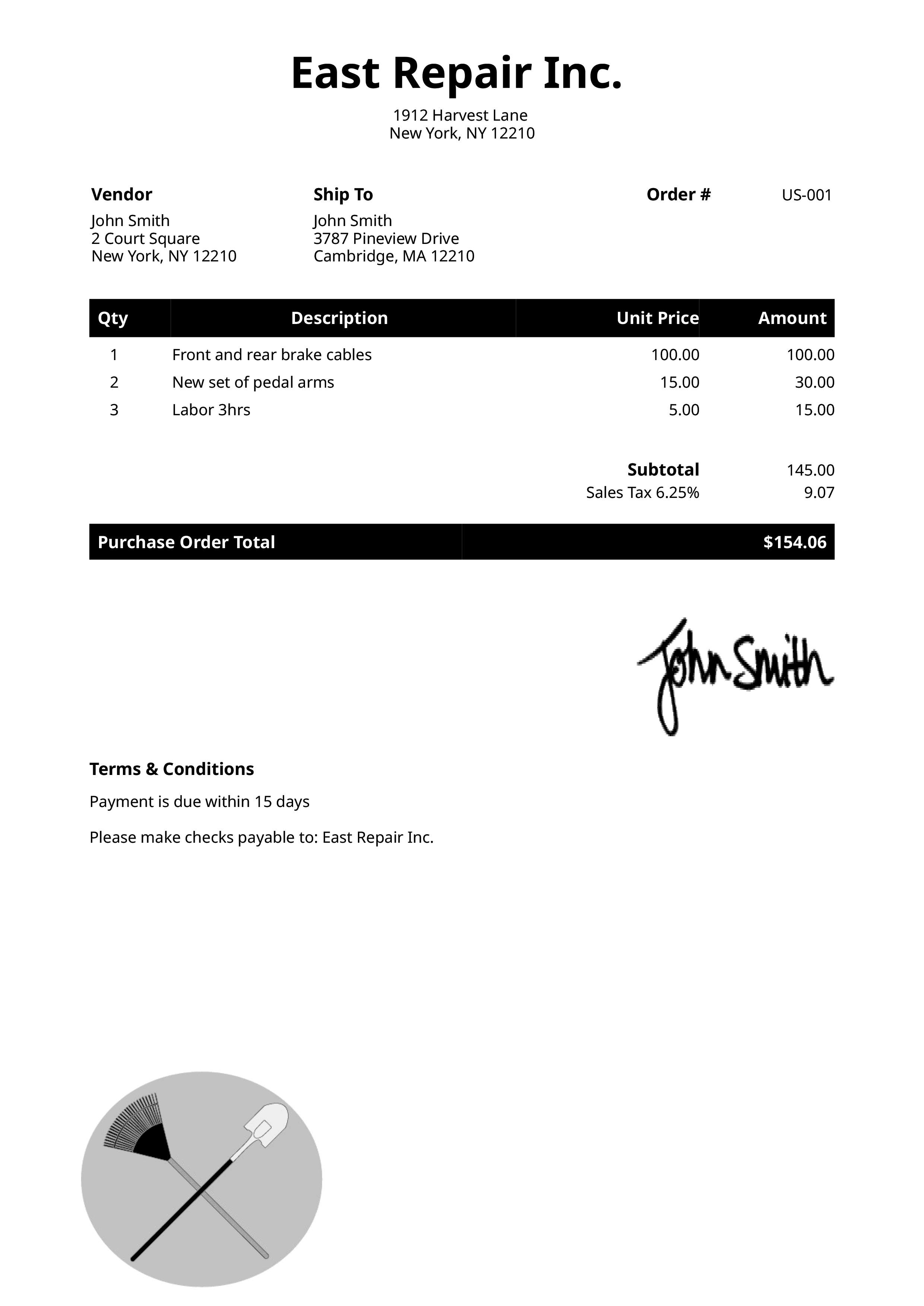 Purchase Order Template Us Landscaper Black 