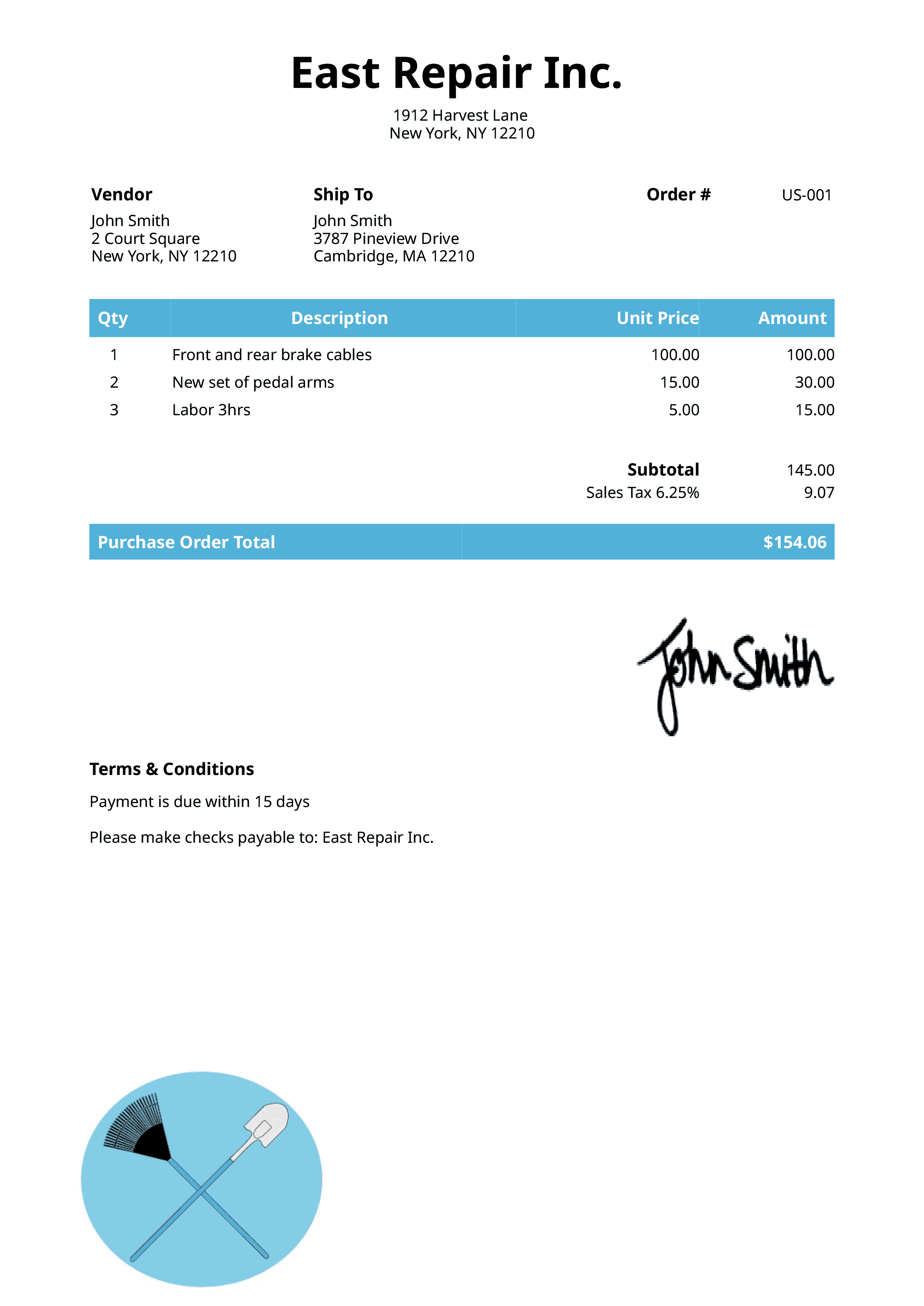 Purchase Order Template Us Landscaper Light Blue 