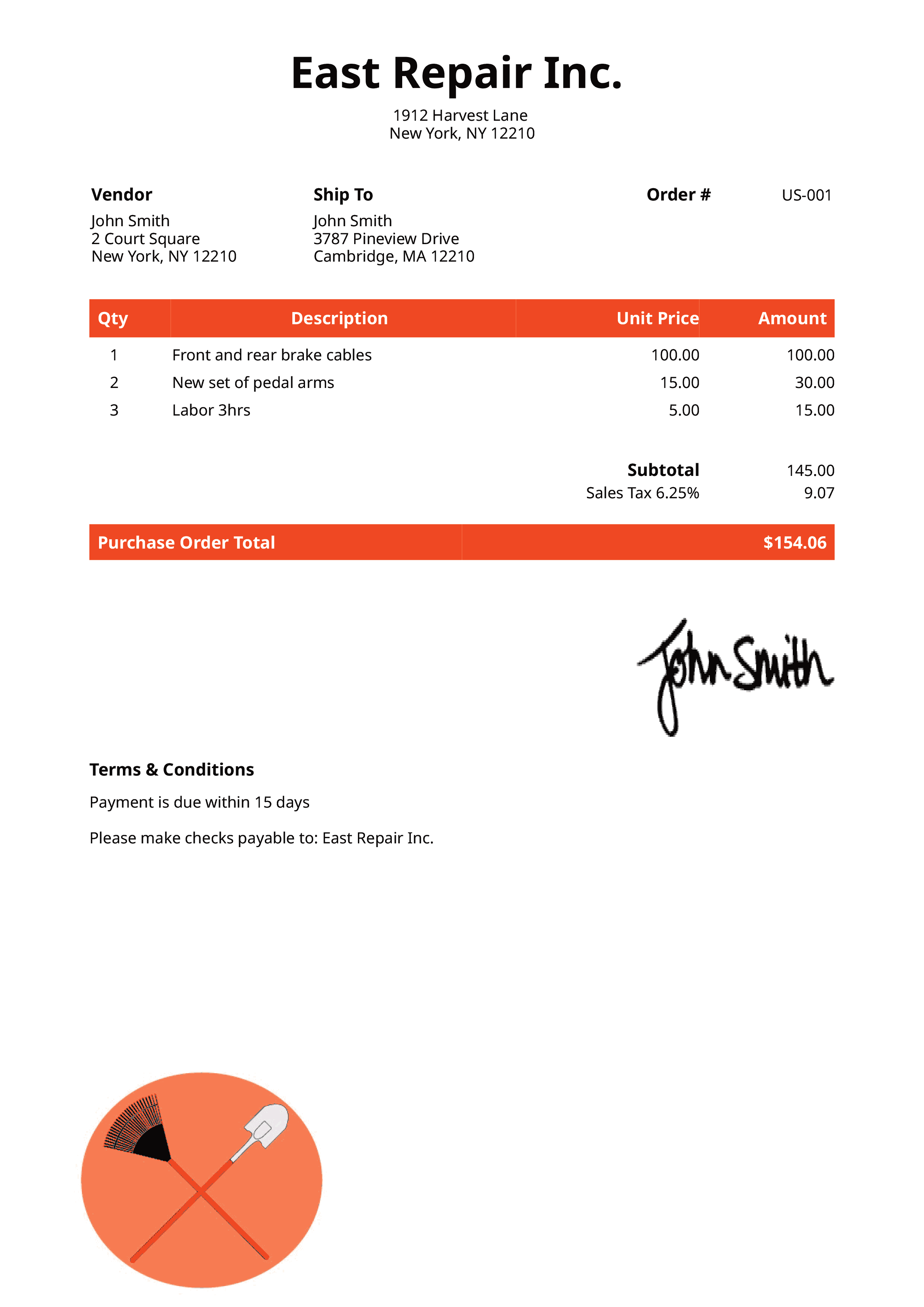 Purchase Order Template Us Landscaper Orange 