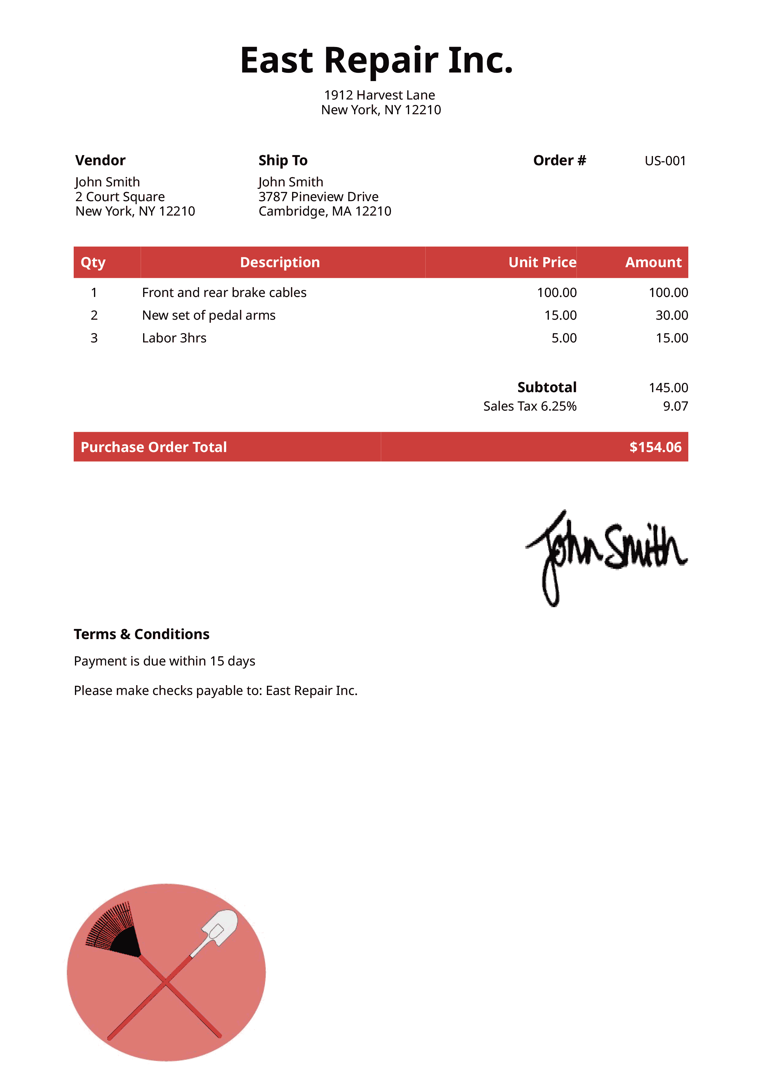 Purchase Order Template Us Landscaper Red 