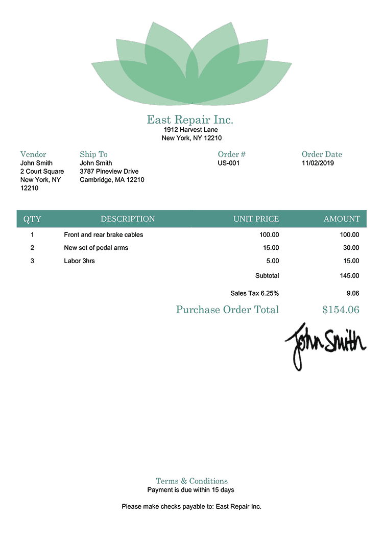 Purchase Order Template Us Lotus Green 
