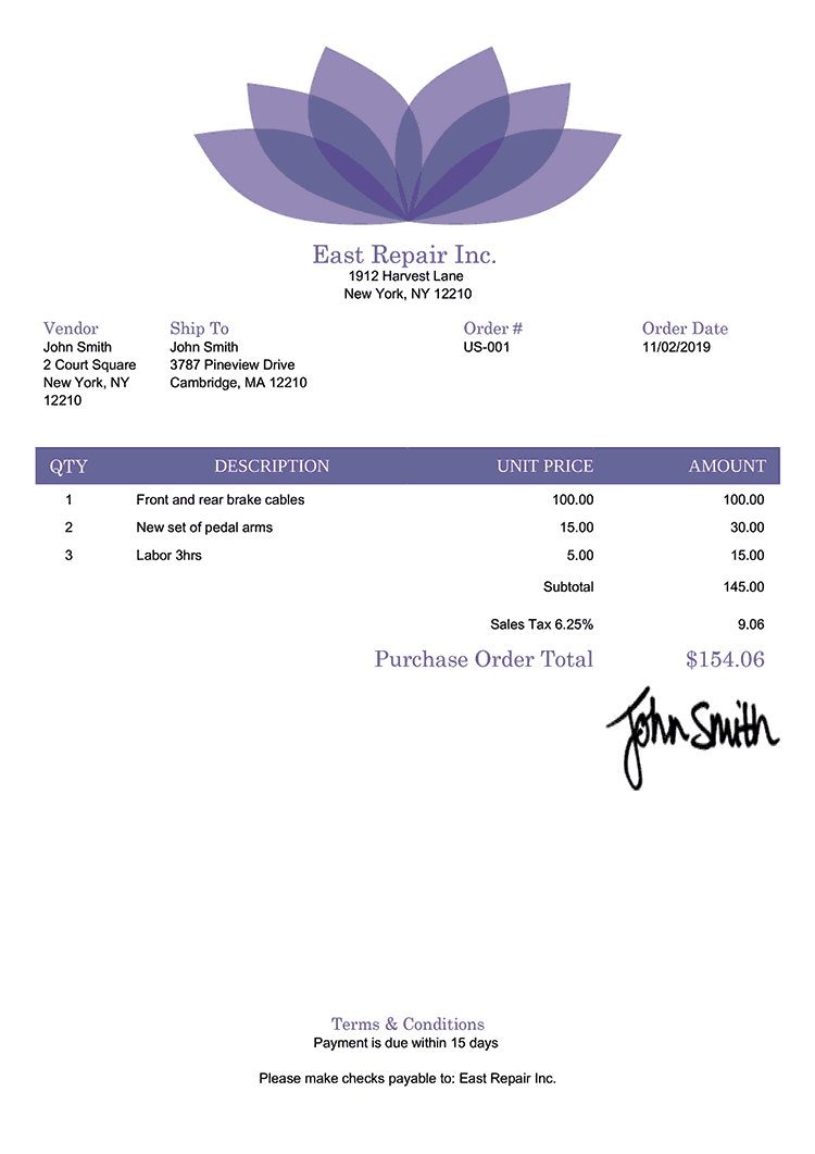 Purchase Order Template Us Lotus Purple 