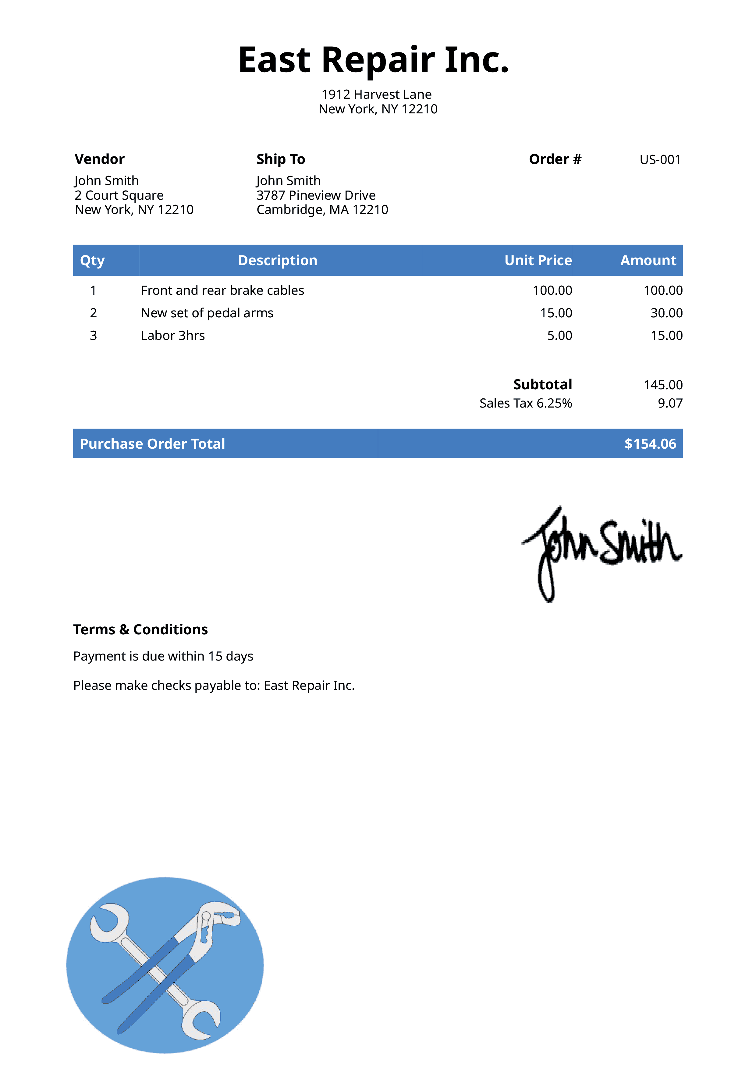 Purchase Order Template Us Mechanic Blue 