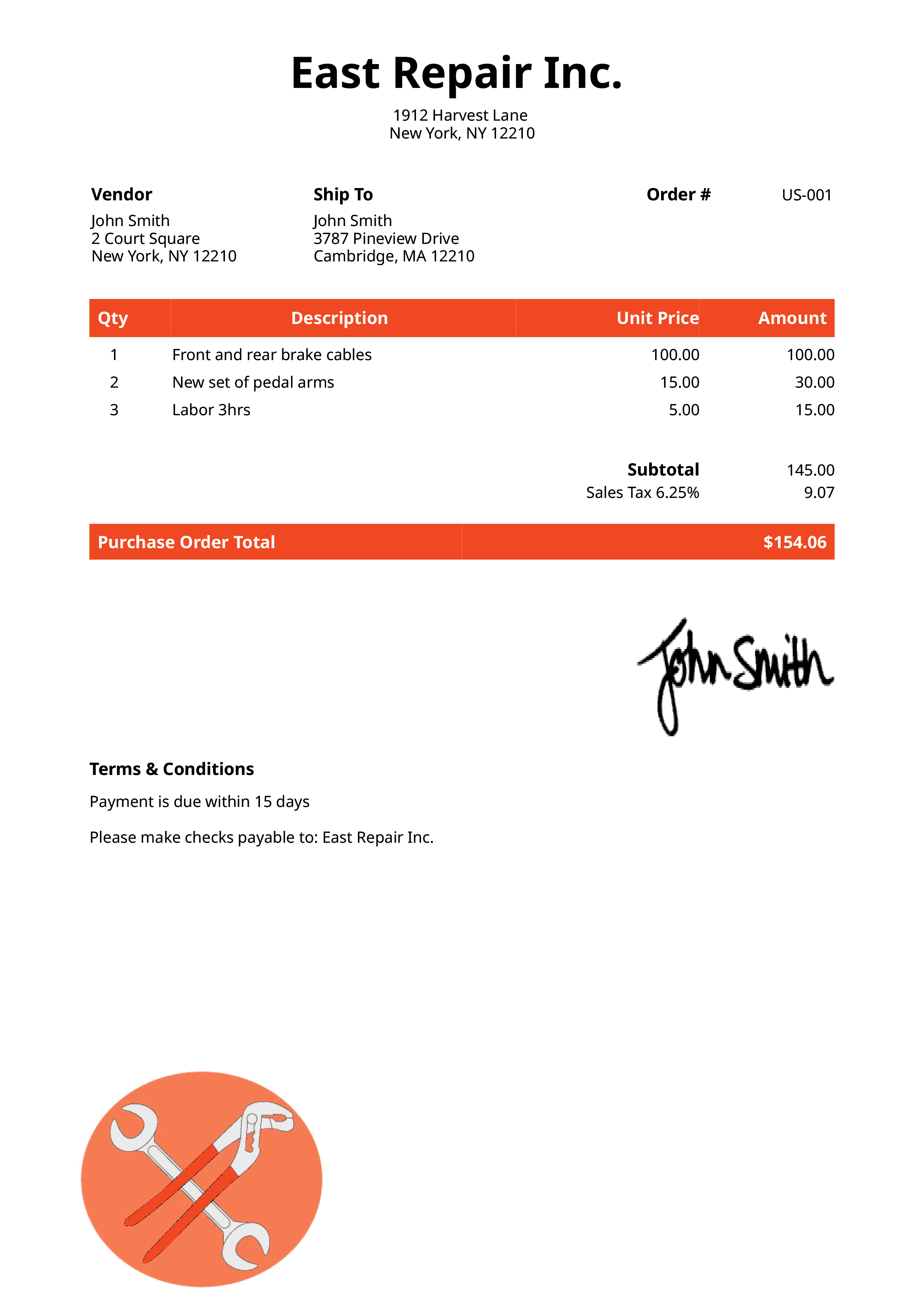 Purchase Order Template Us Mechanic Orange 