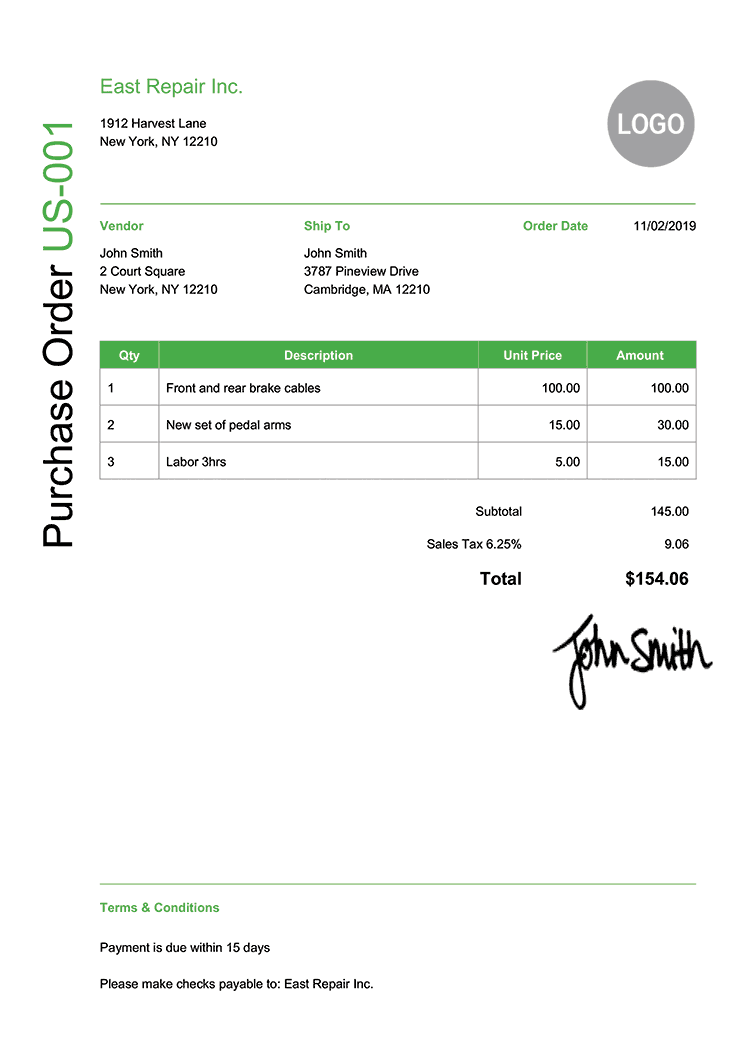 Purchase Order Template Us Modern Green 