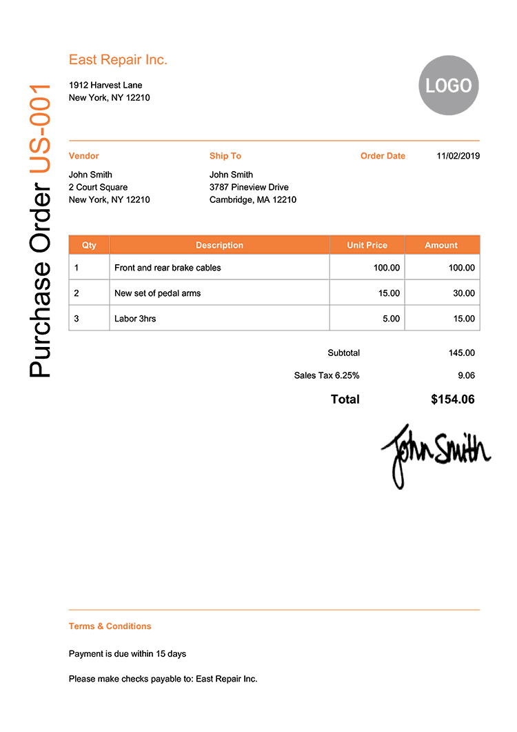 Purchase Order Template Us Modern Orange 