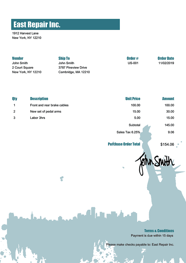Purchase Order Template Us New York 