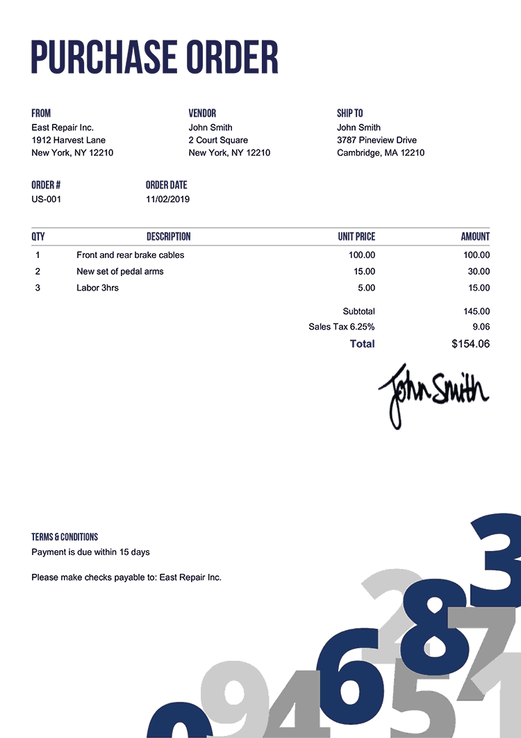Purchase Order Template Us Numbers Blue 