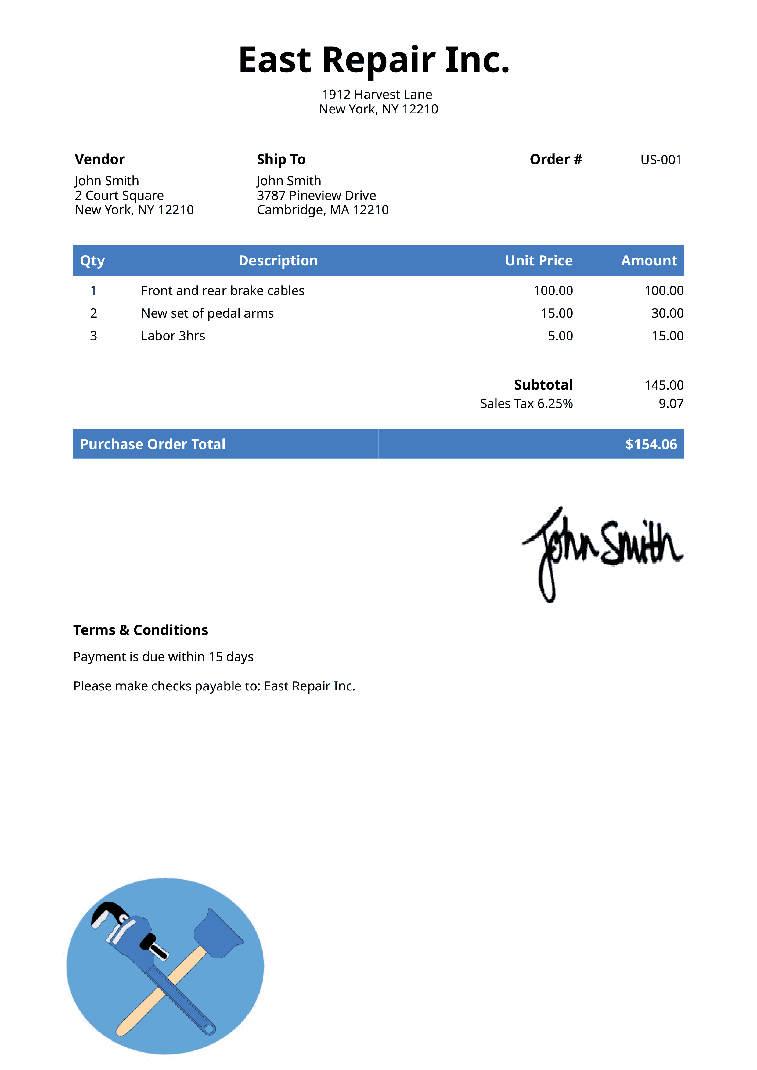 Purchase Order Template Us Plumber Blue 