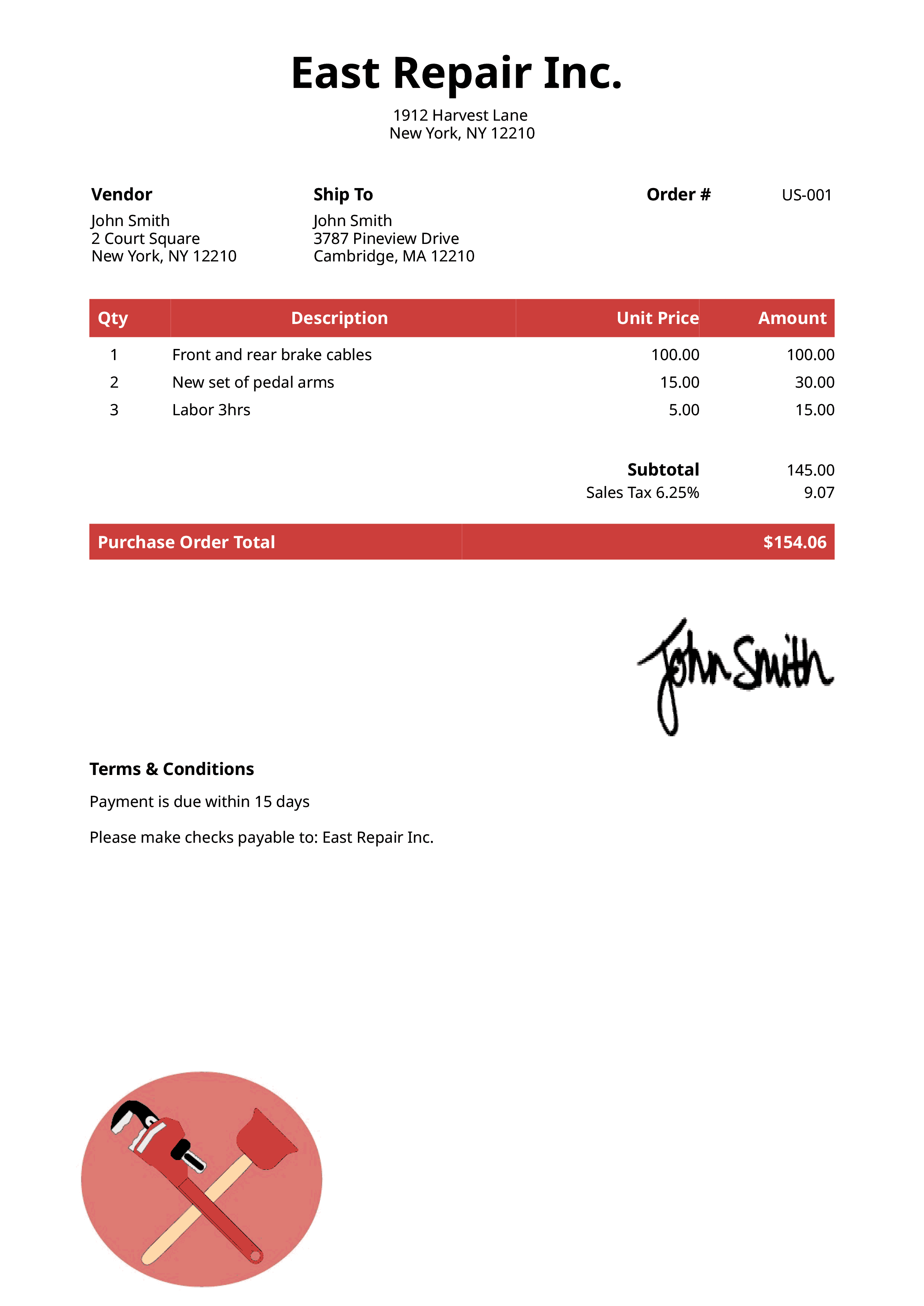 Purchase Order Template Us Plumber Red 