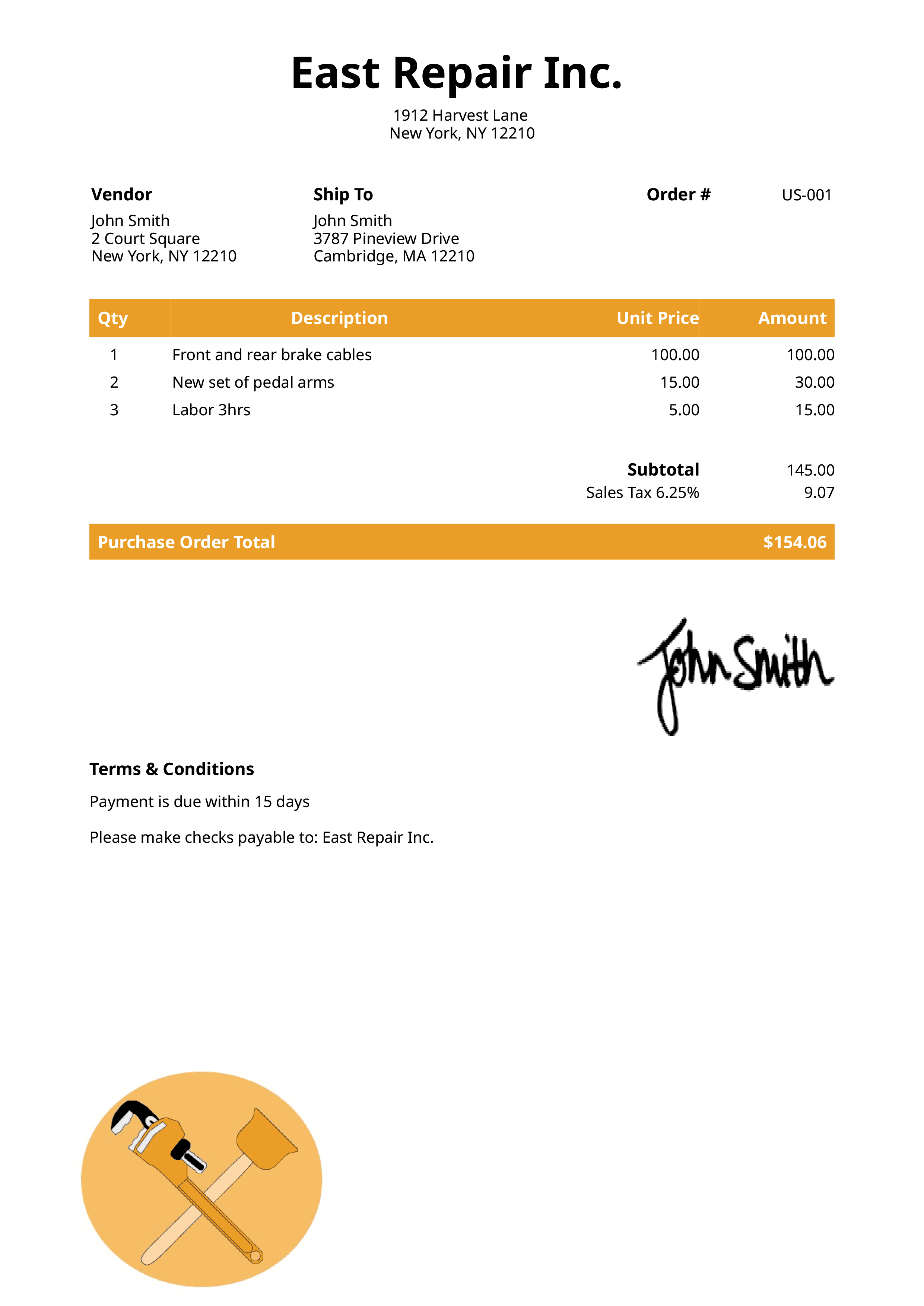 Purchase Order Template Us Plumber Yellow 
