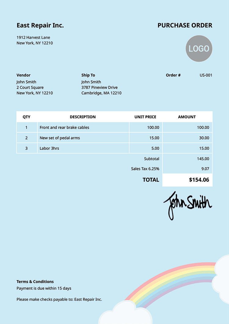 Purchase Order Template Us Rainbow Clouds 