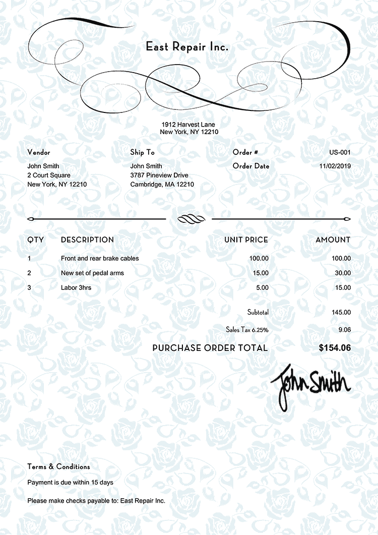 Purchase Order Template Us Rose Blue 