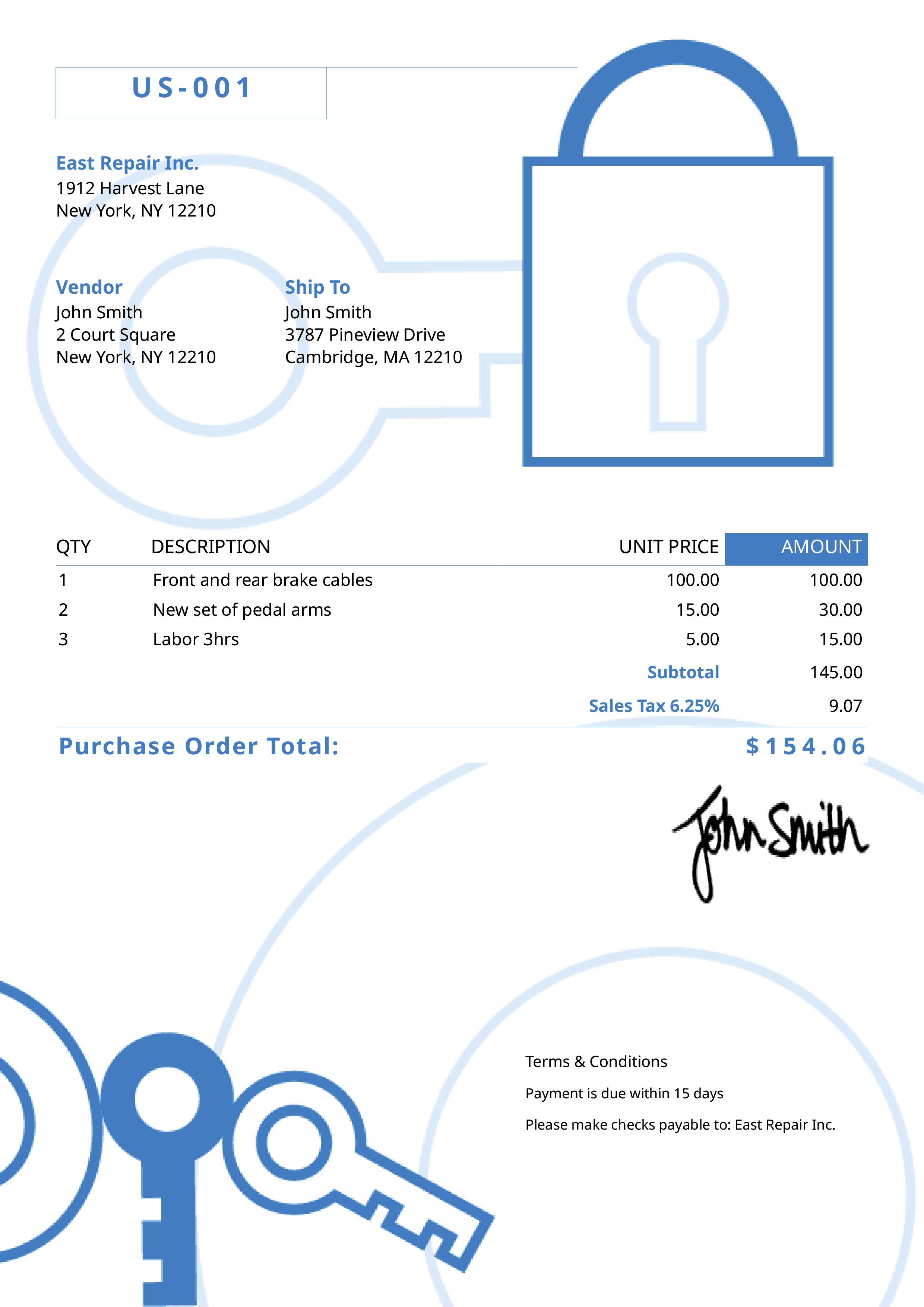 Purchase Order Template Us Secure Blue 
