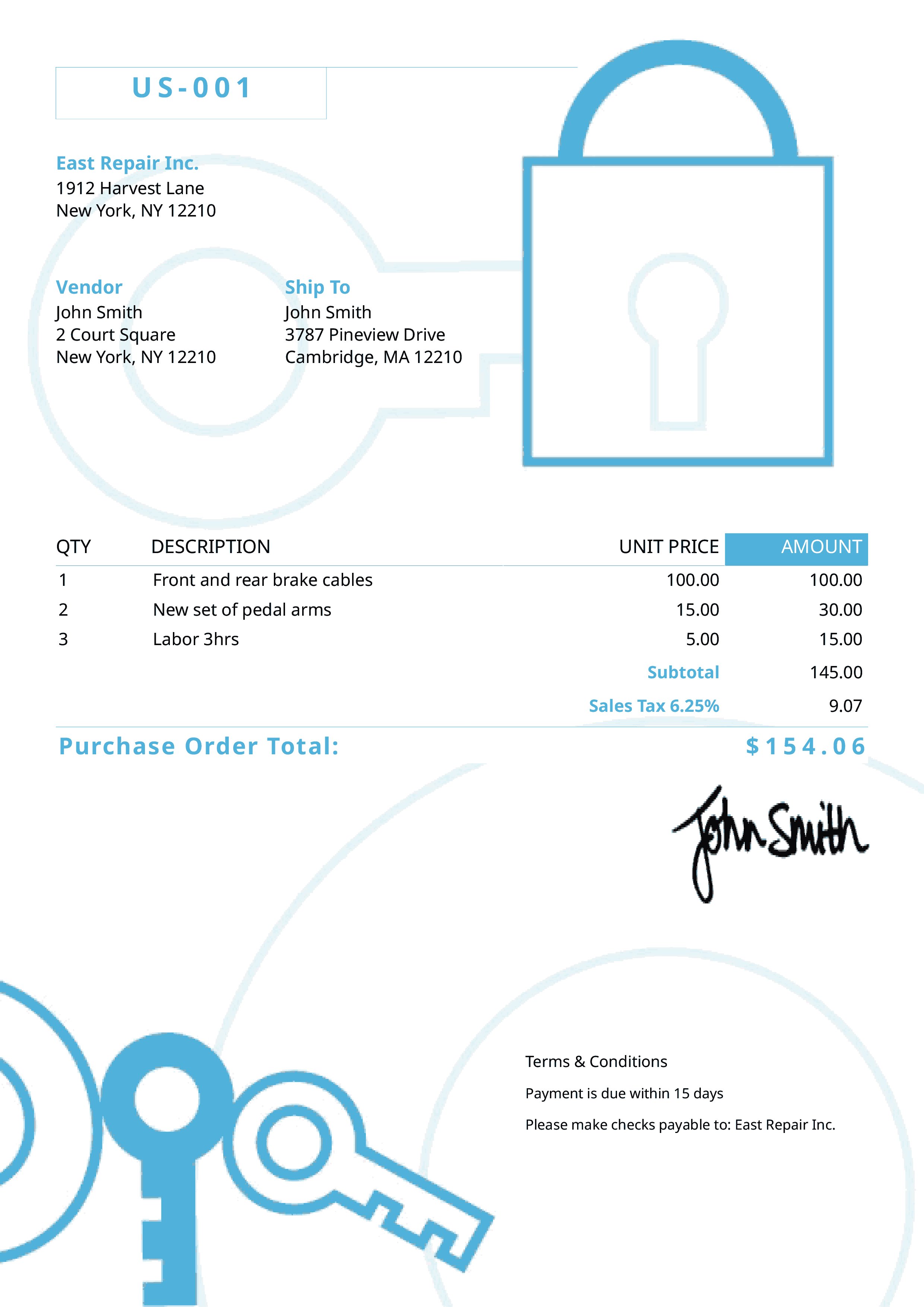 Purchase Order Template Us Secure Light Blue 