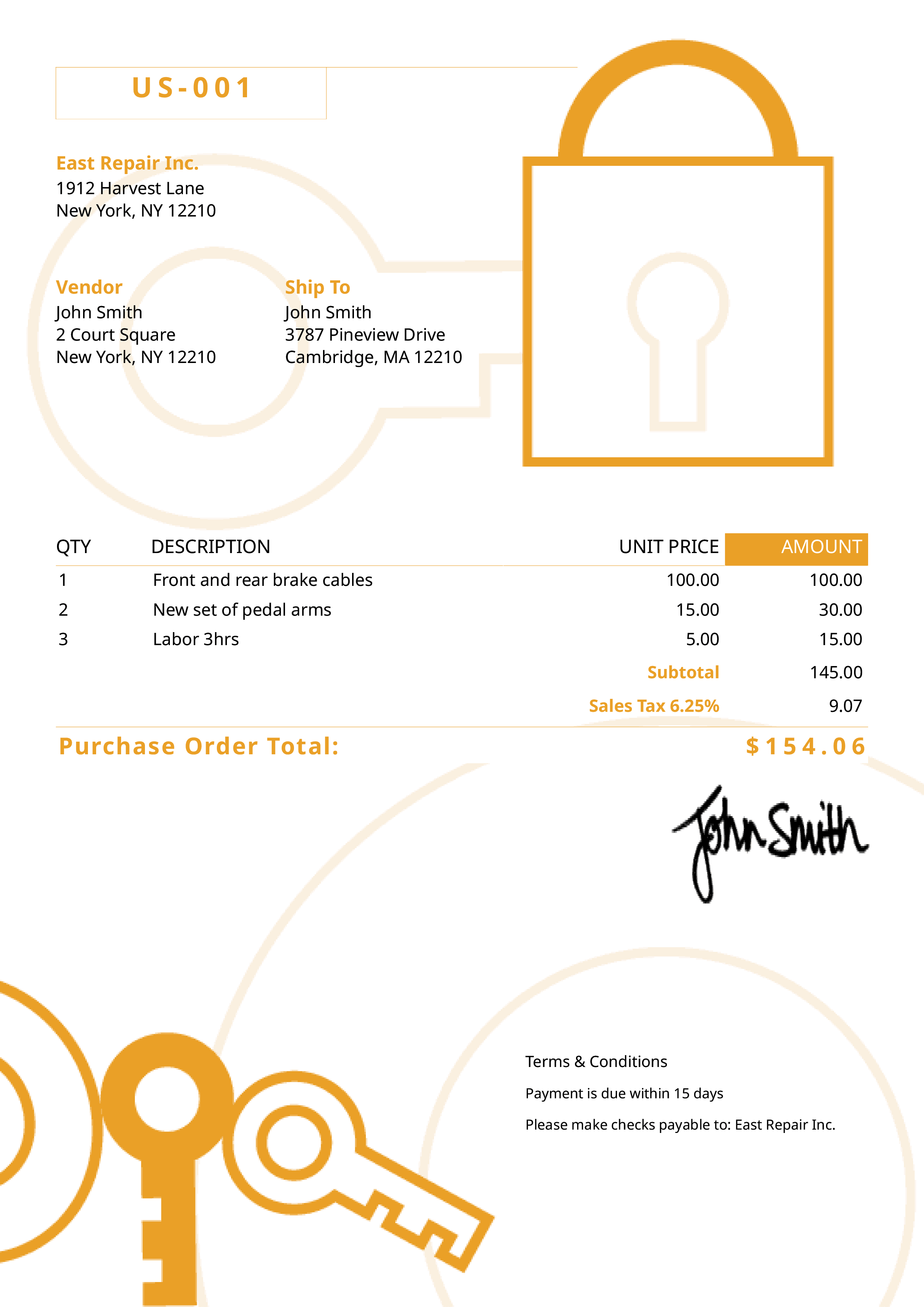Purchase Order Template Us Secure Yellow 