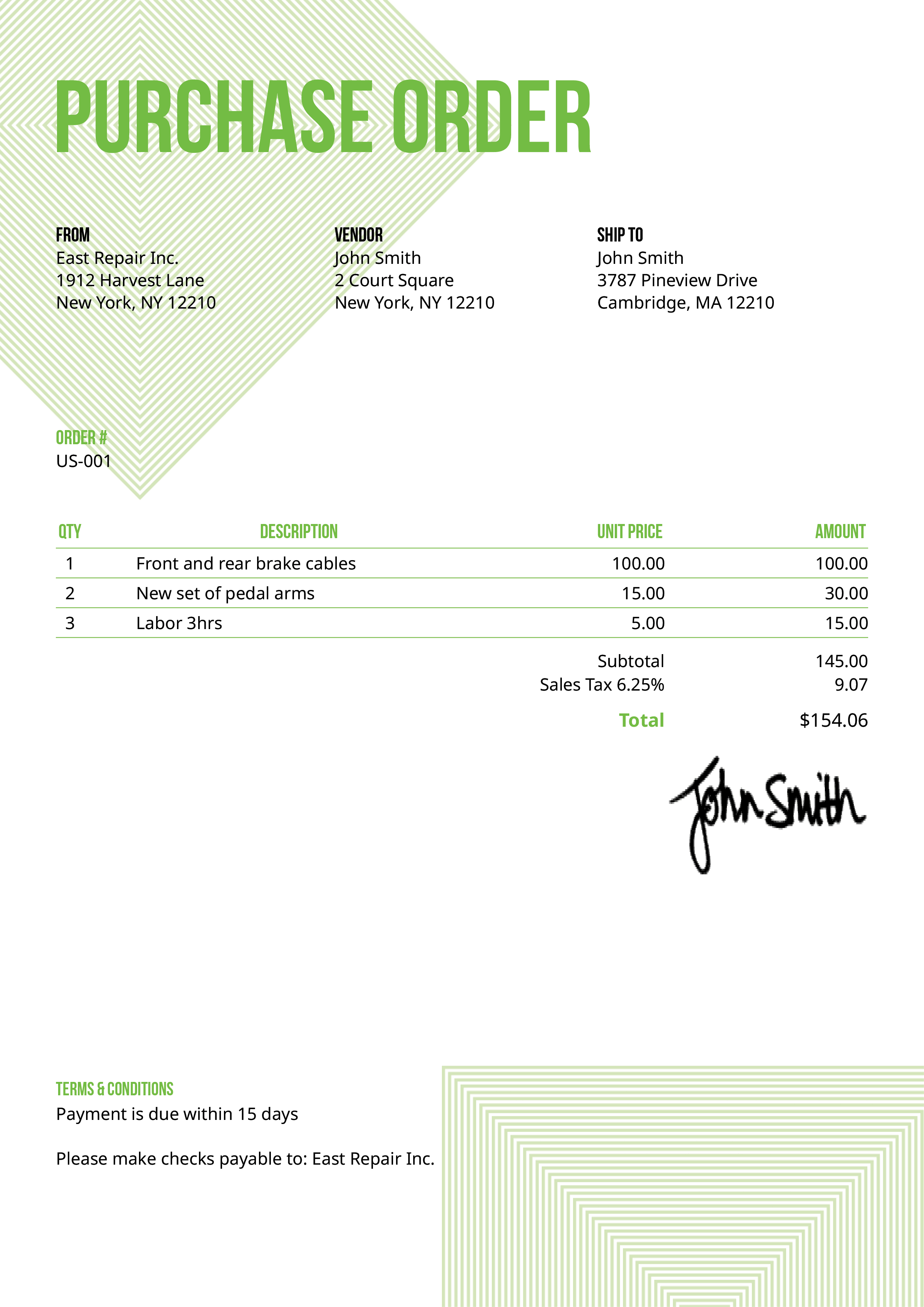 Purchase Order Template Us Squares Green 