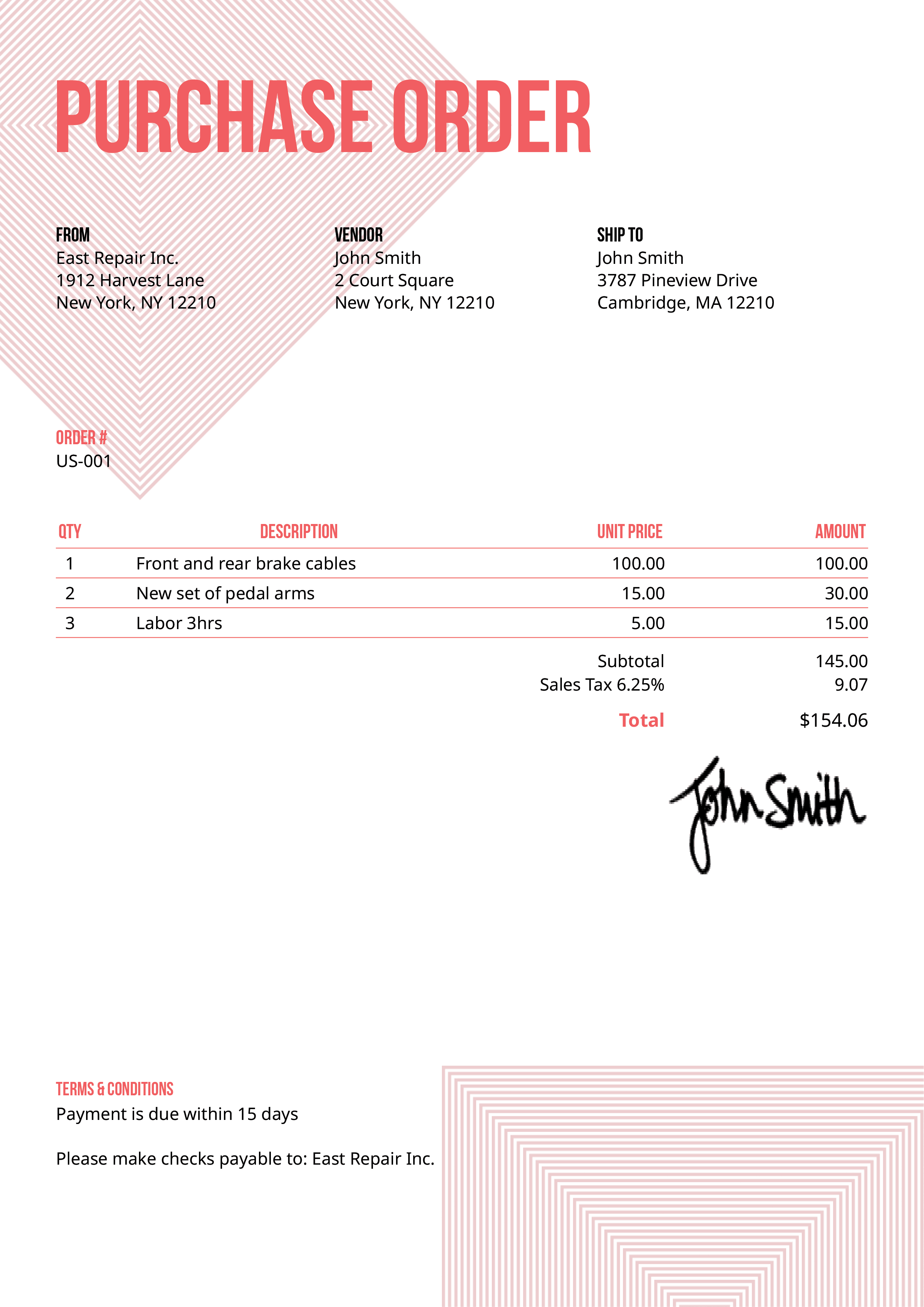 Purchase Order Template Us Squares Pink 