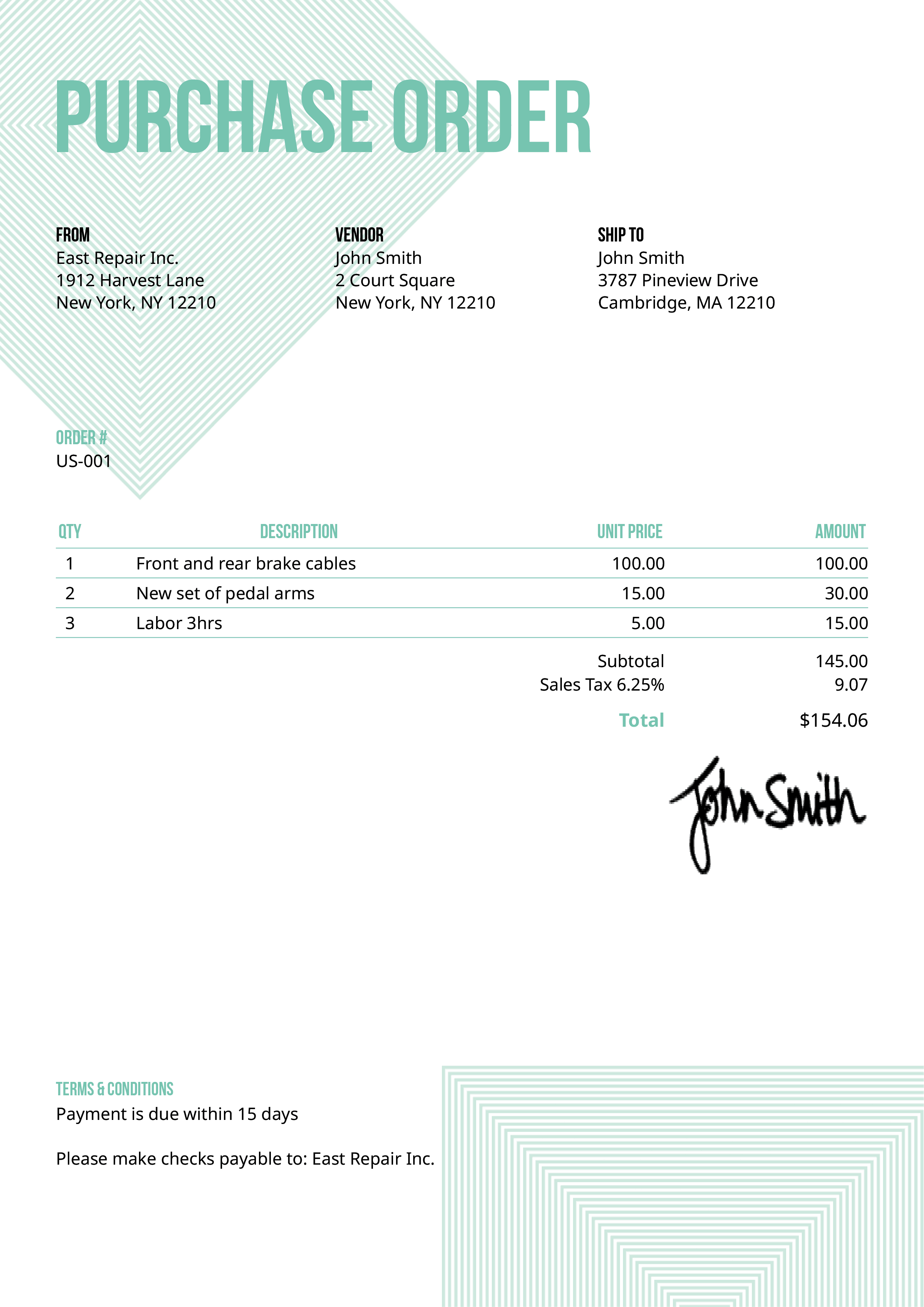 Purchase Order Template Us Squares Turquoise 