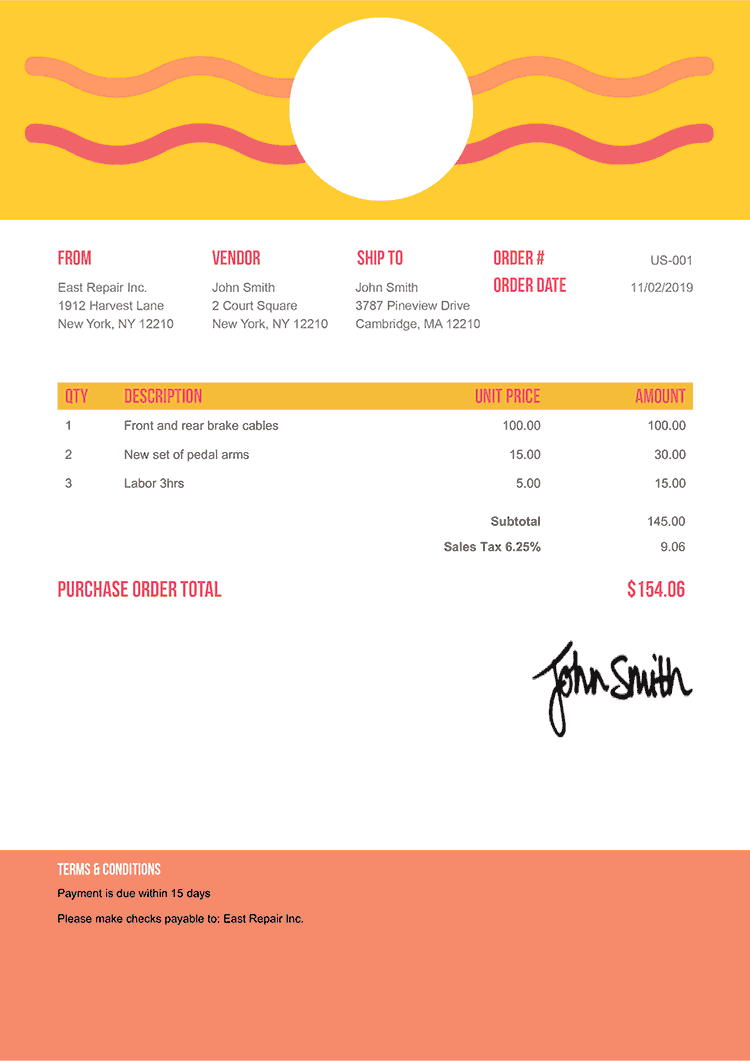 Purchase Order Template Us Sunset 