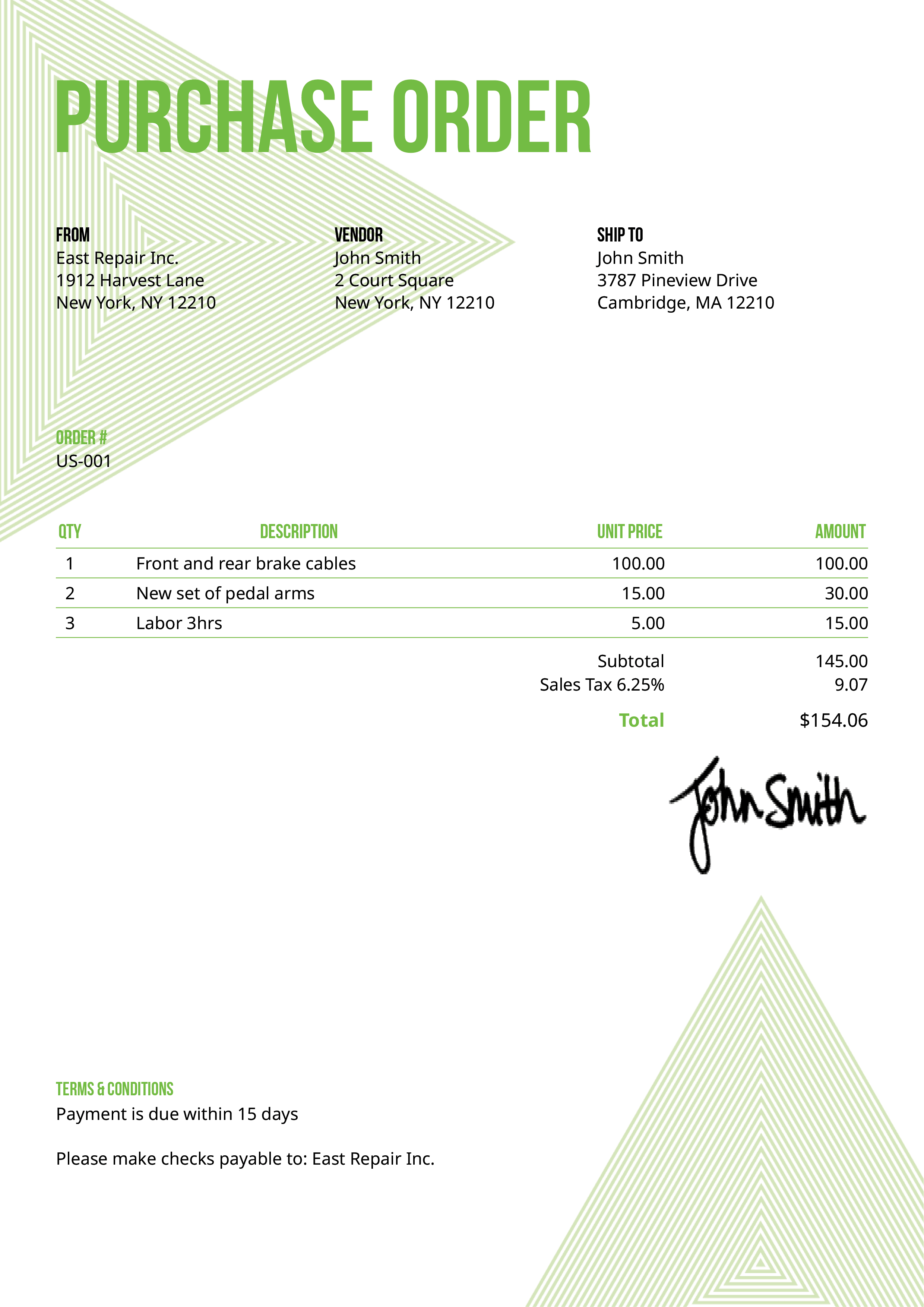 Purchase Order Template Us Triangles Green 