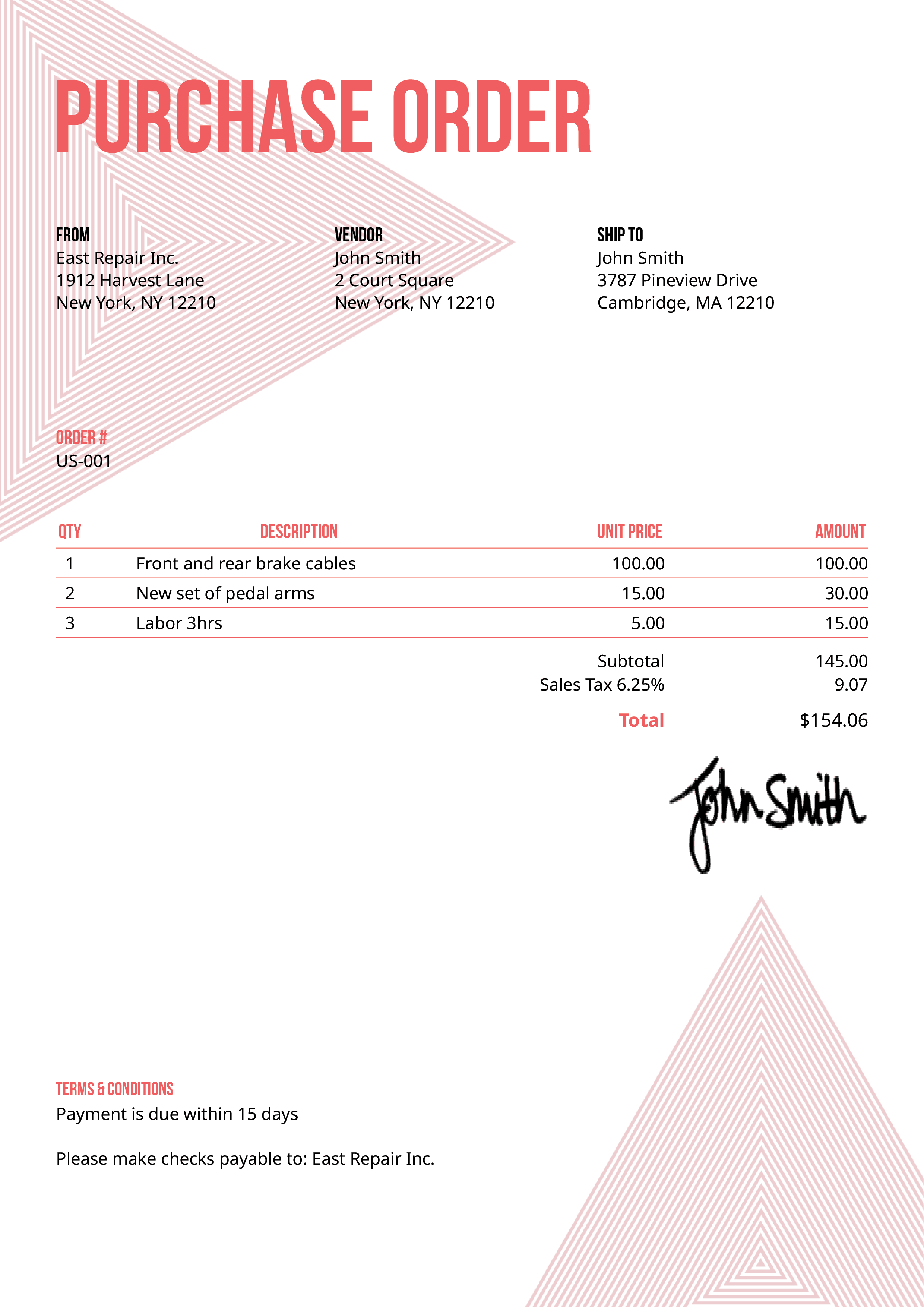 Purchase Order Template Us Triangles Pink 
