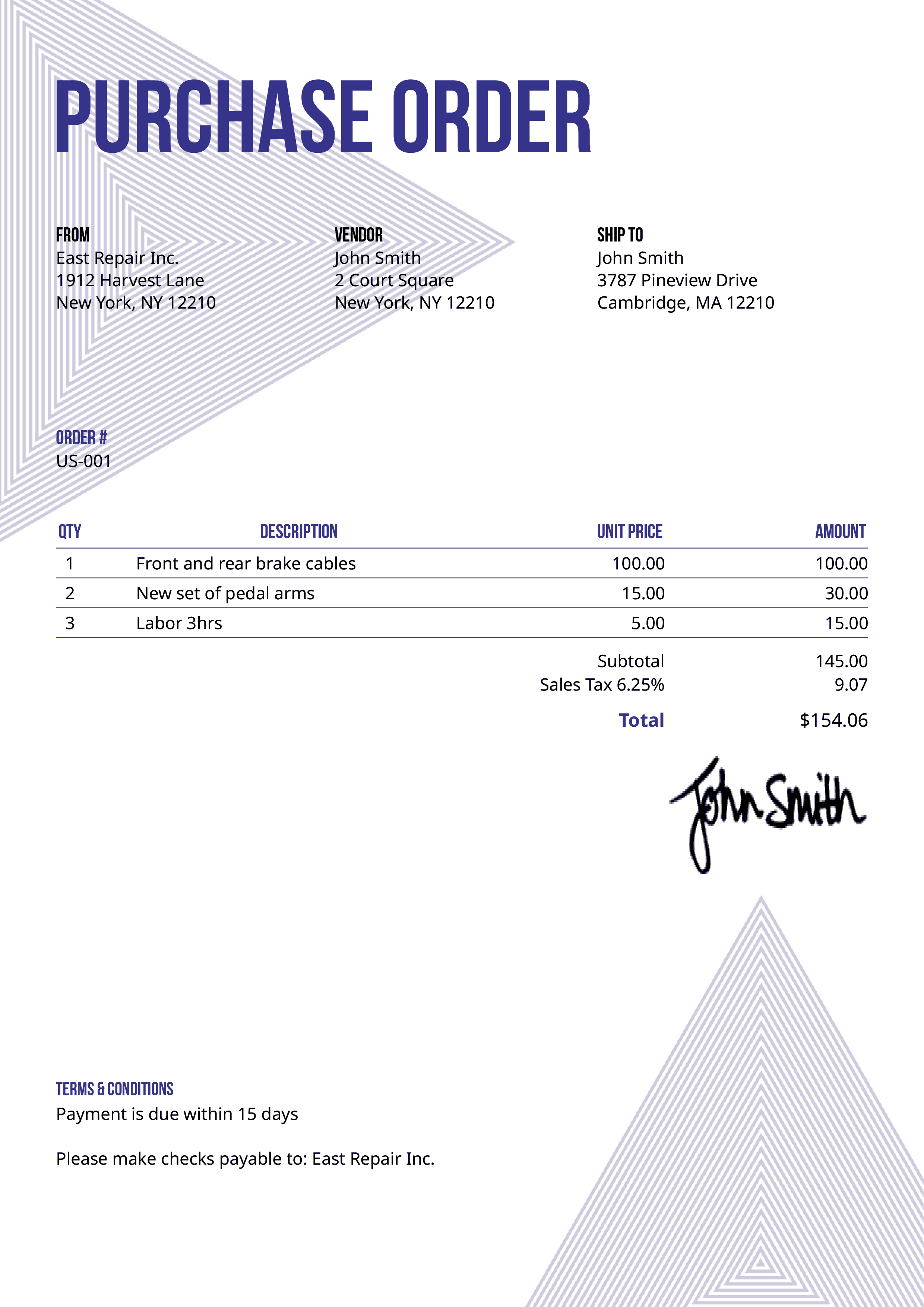 Purchase Order Template Us Triangles Purple 