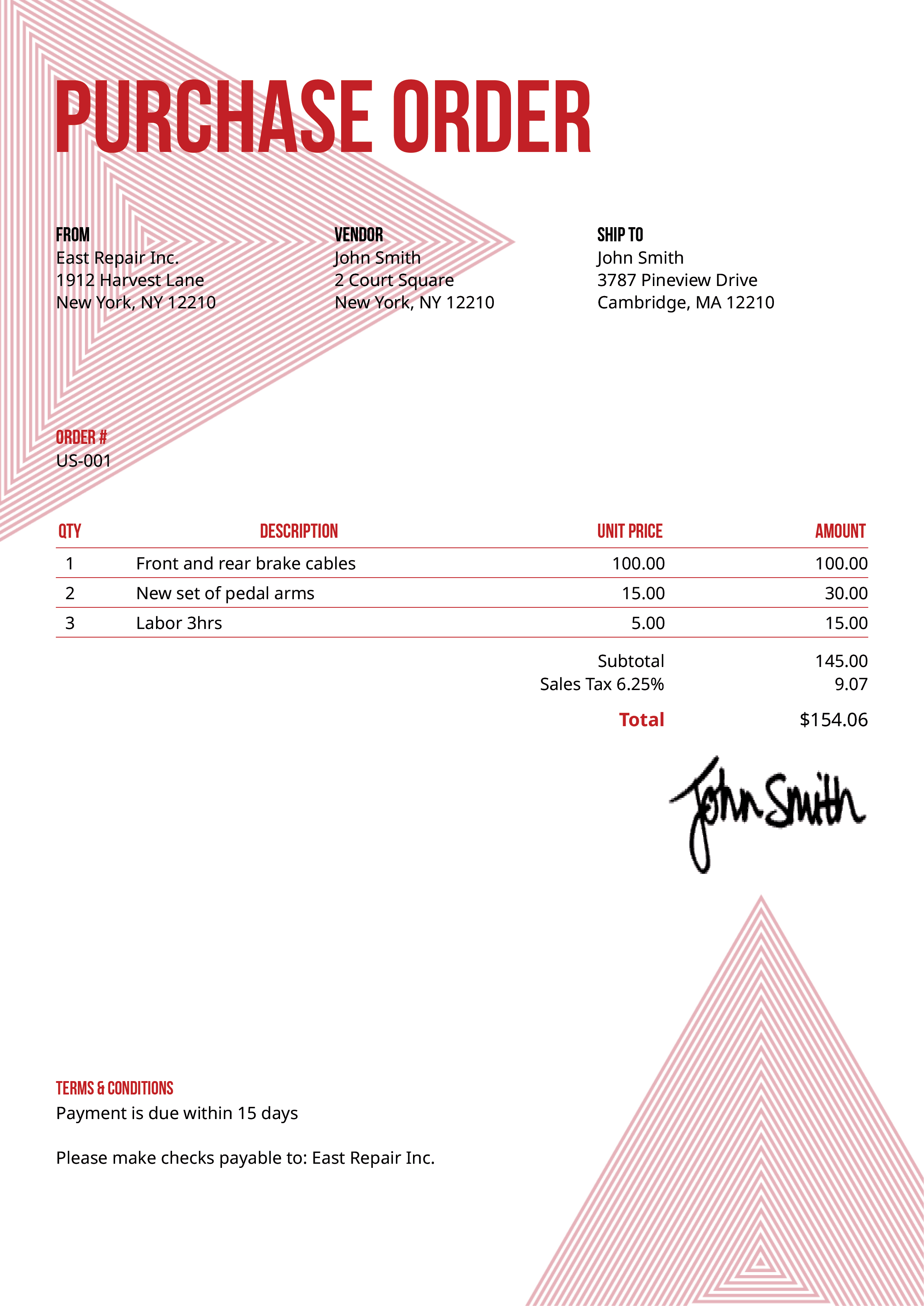 Purchase Order Template Us Triangles Red 