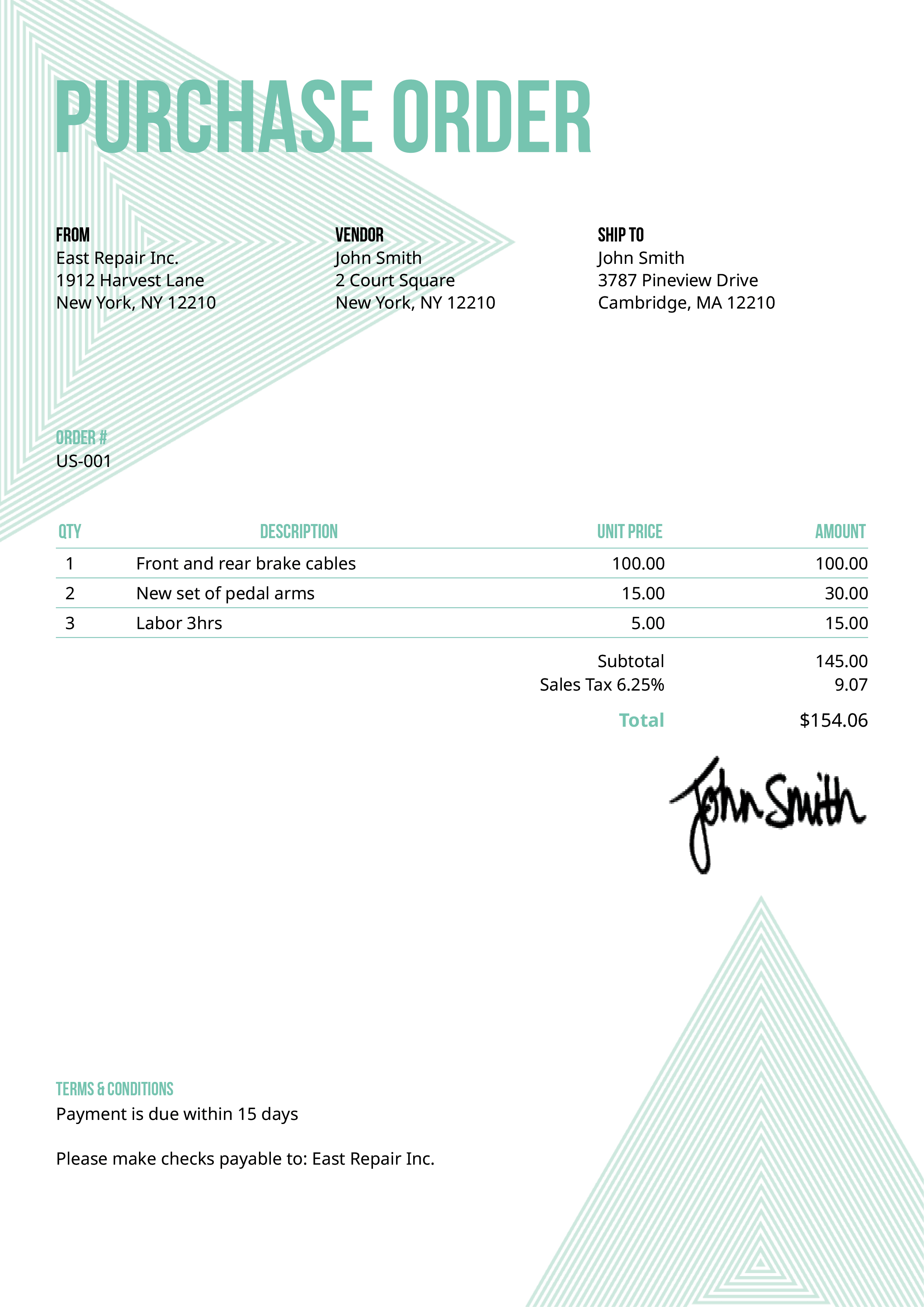 Purchase Order Template Us Triangles Turquoise 