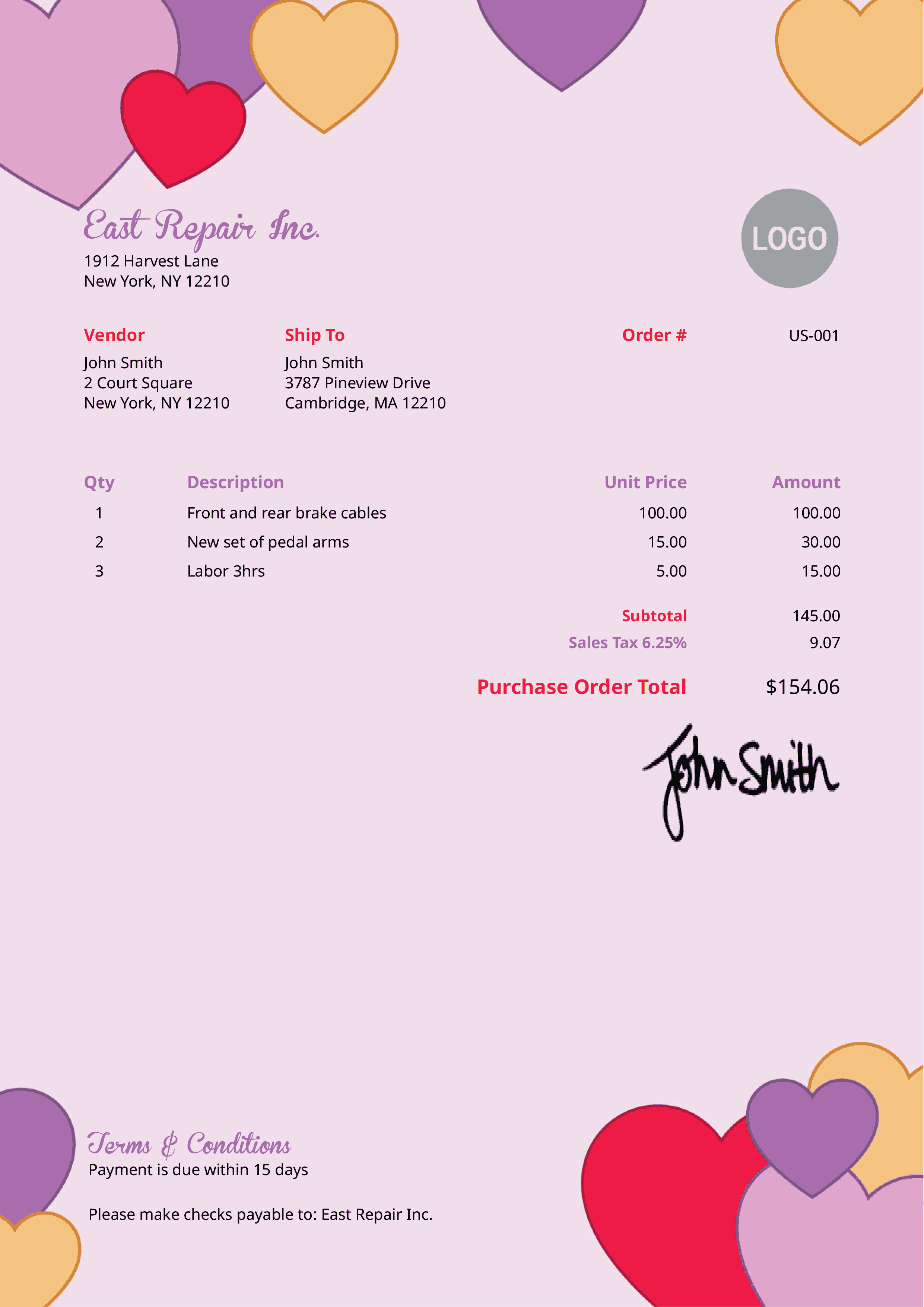 Purchase Order Template Us Valentine Hearts 