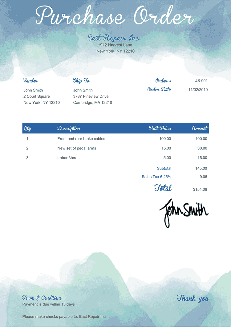 Purchase Order Template Us Watercolor Blue 