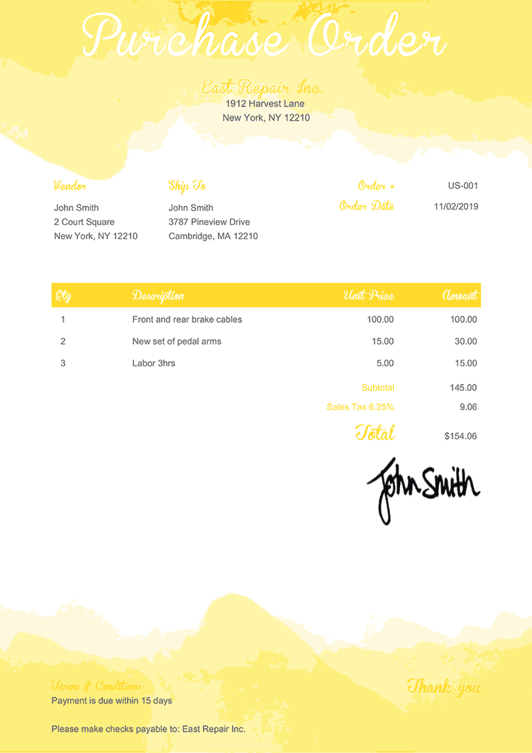 Purchase Order Template Us Watercolor Yellow 