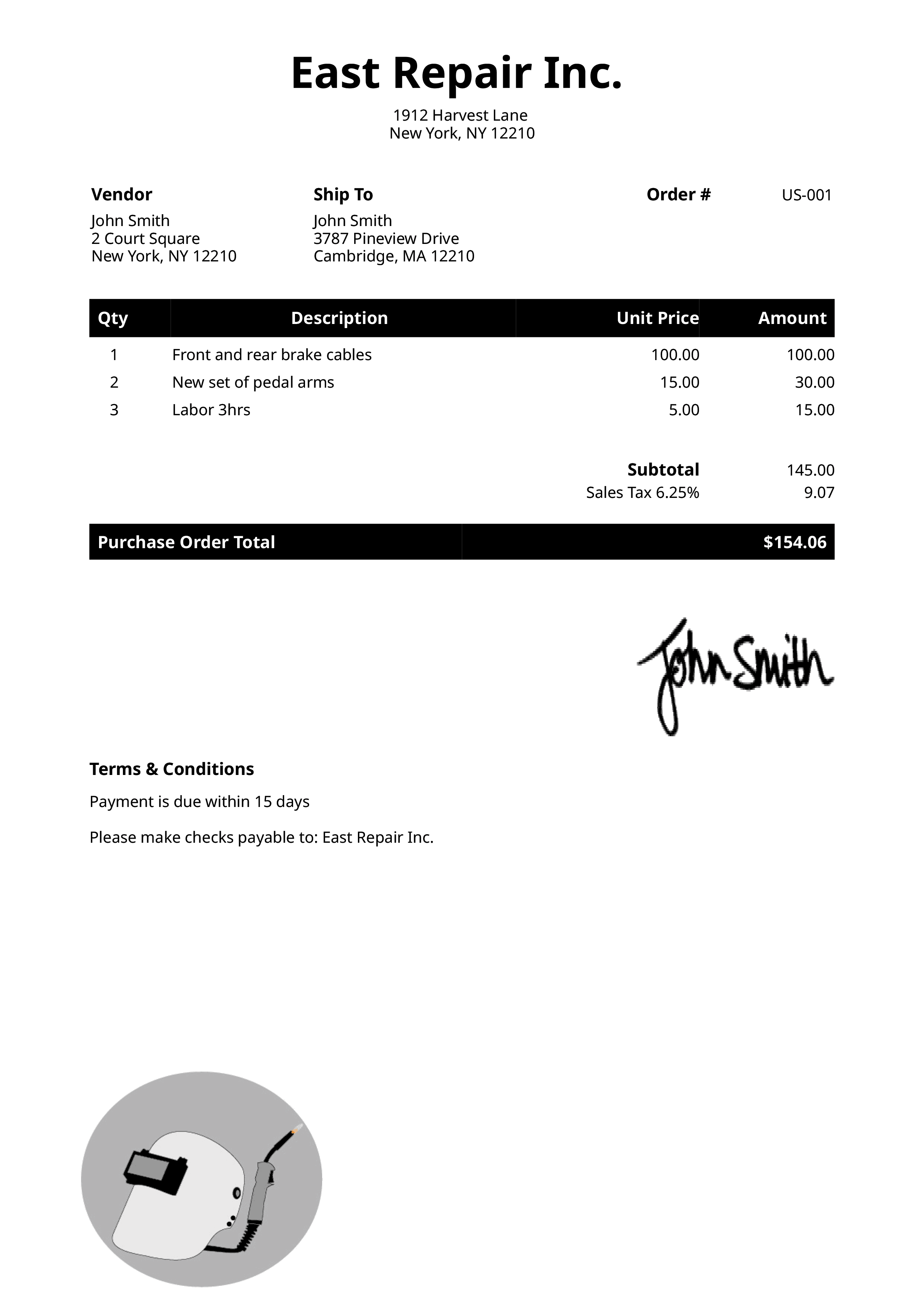 Purchase Order Template Us Welder Black 
