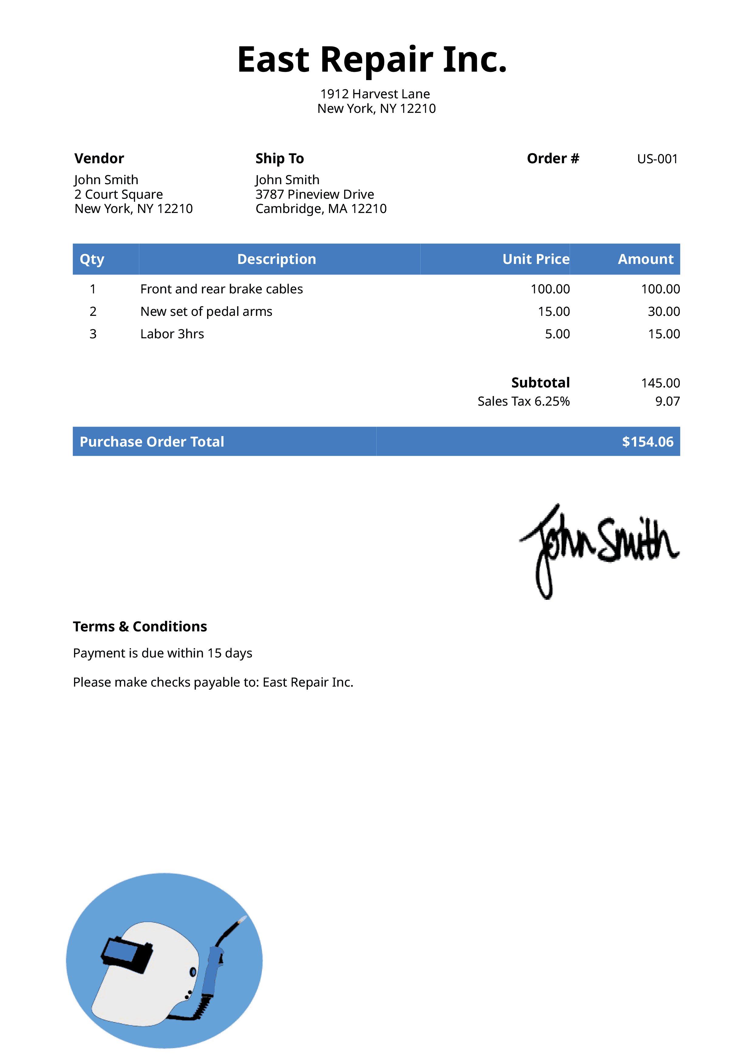 Purchase Order Template Us Welder Blue 