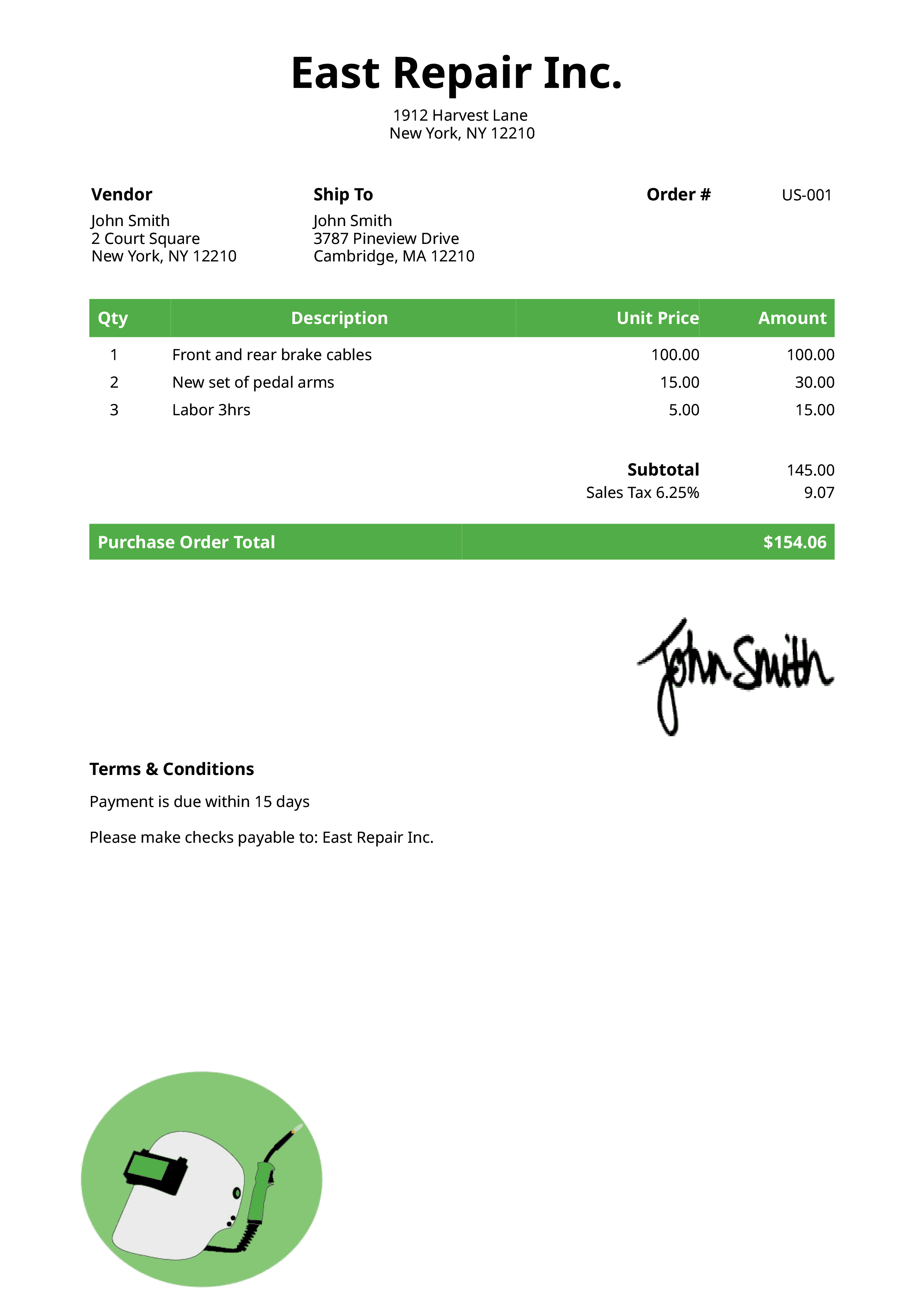 Purchase Order Template Us Welder Green 