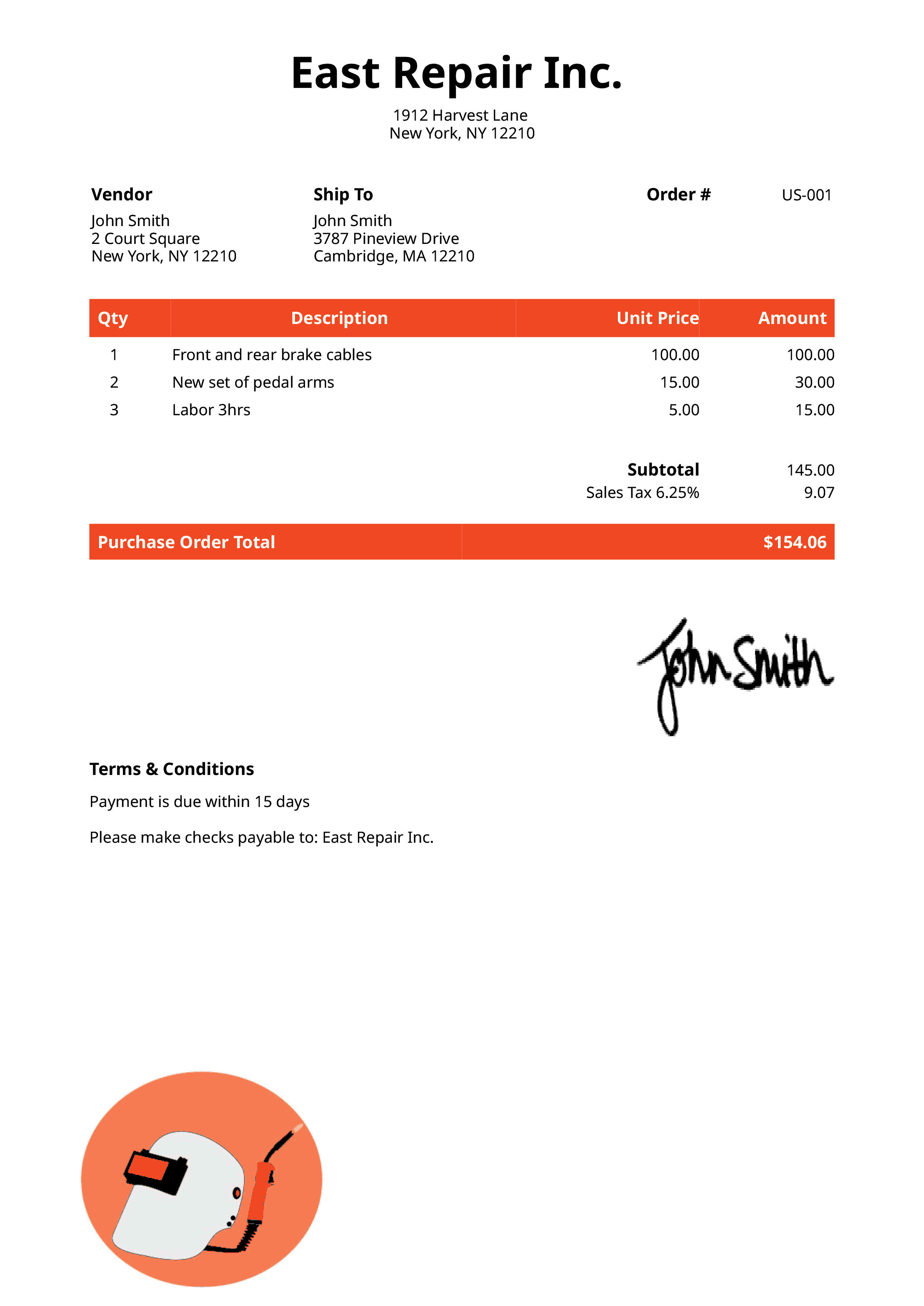 Purchase Order Template Us Welder Orange 