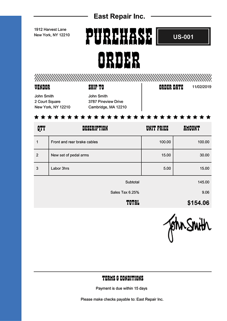 Purchase Order Template Us Western Blue 