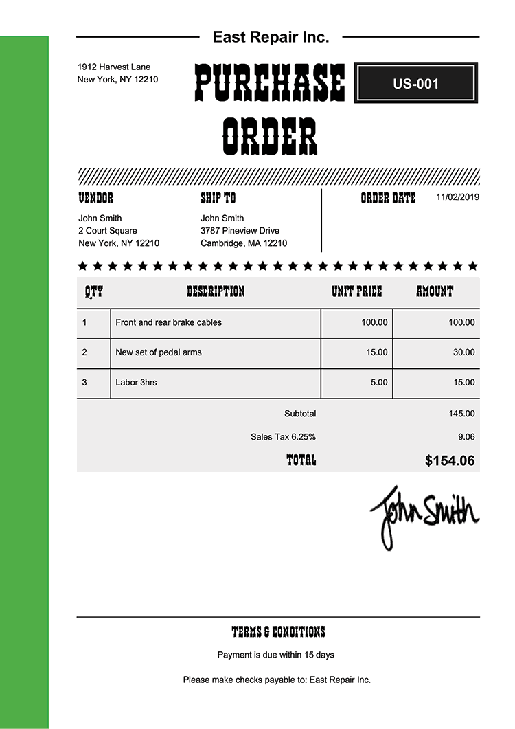 Purchase Order Template Us Western Green 
