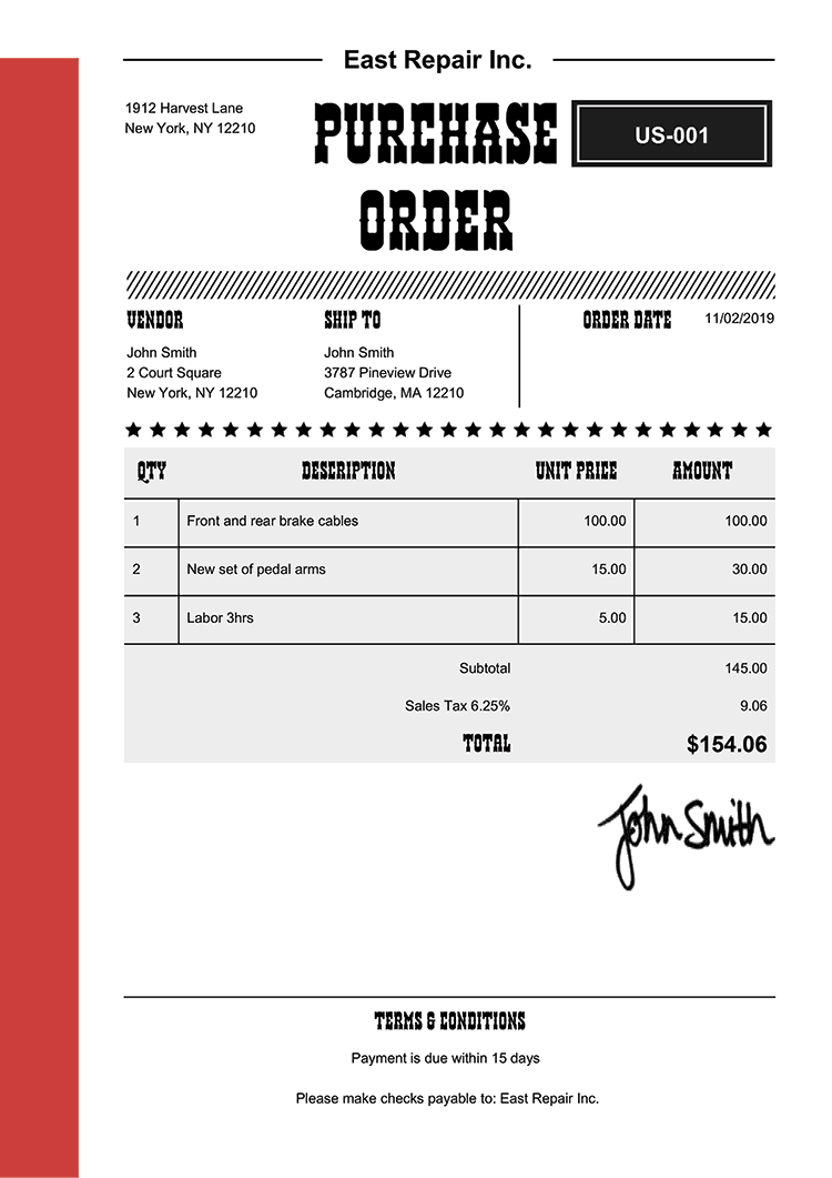 Purchase Order Template Us Western Red 