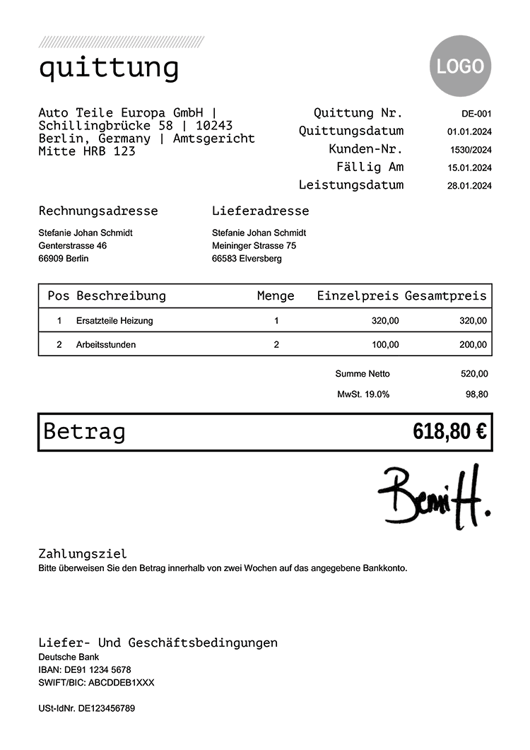 100 kostenlose Quittungsvorlagen | Quittungen mailen