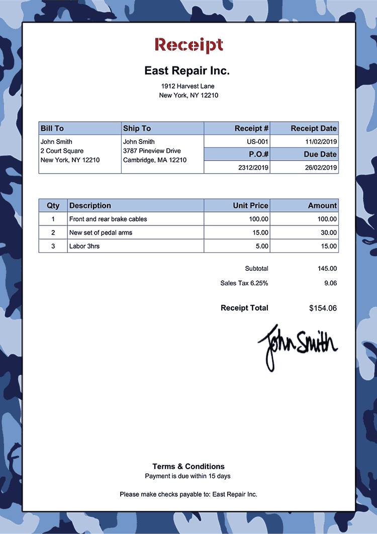 Receipt Template Us Camo Blue 