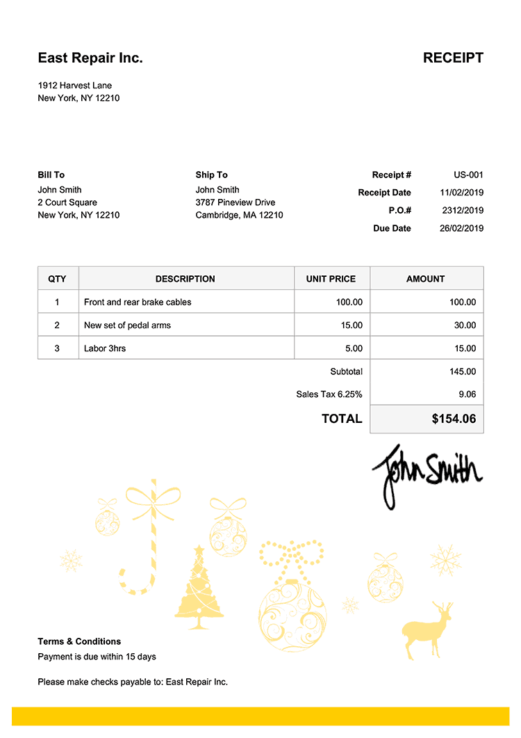 Receipt Template Us Christmas Decoration Yellow 
