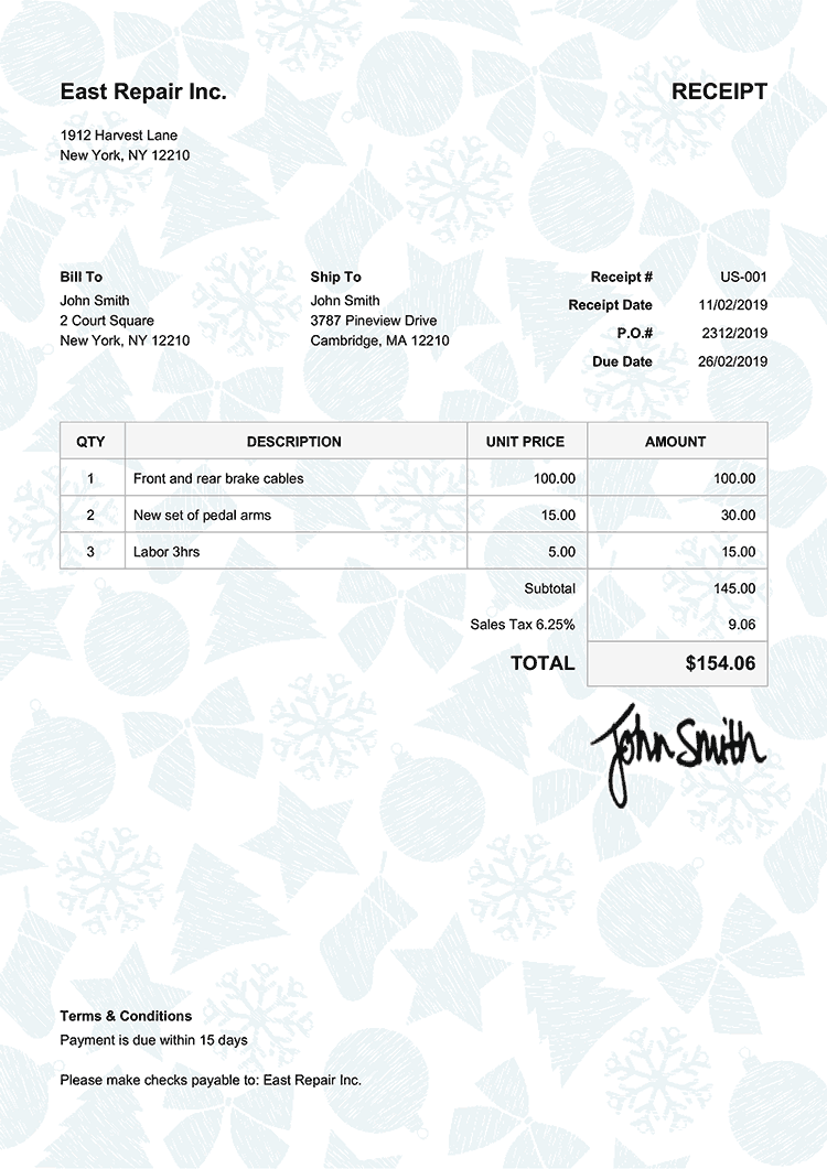 Receipt Template Us Christmas Pattern Light Blue 