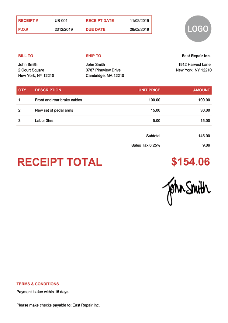 Receipt Template Us Clean Red 